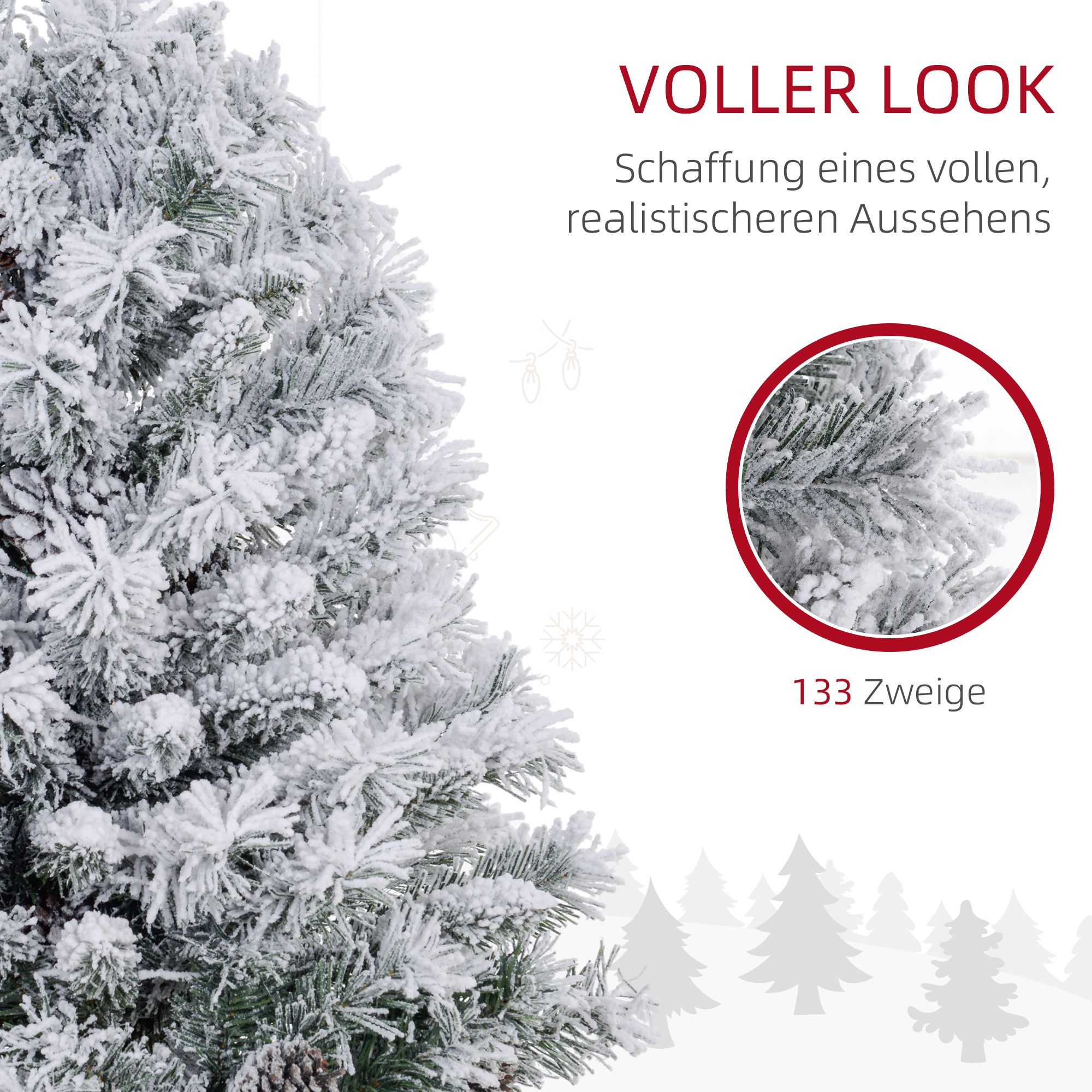 Weihnachtsbaum 92 cm, LED-Lichter, Schneezweige, Tannenzapfen, flammenhemmend, Betonfuß