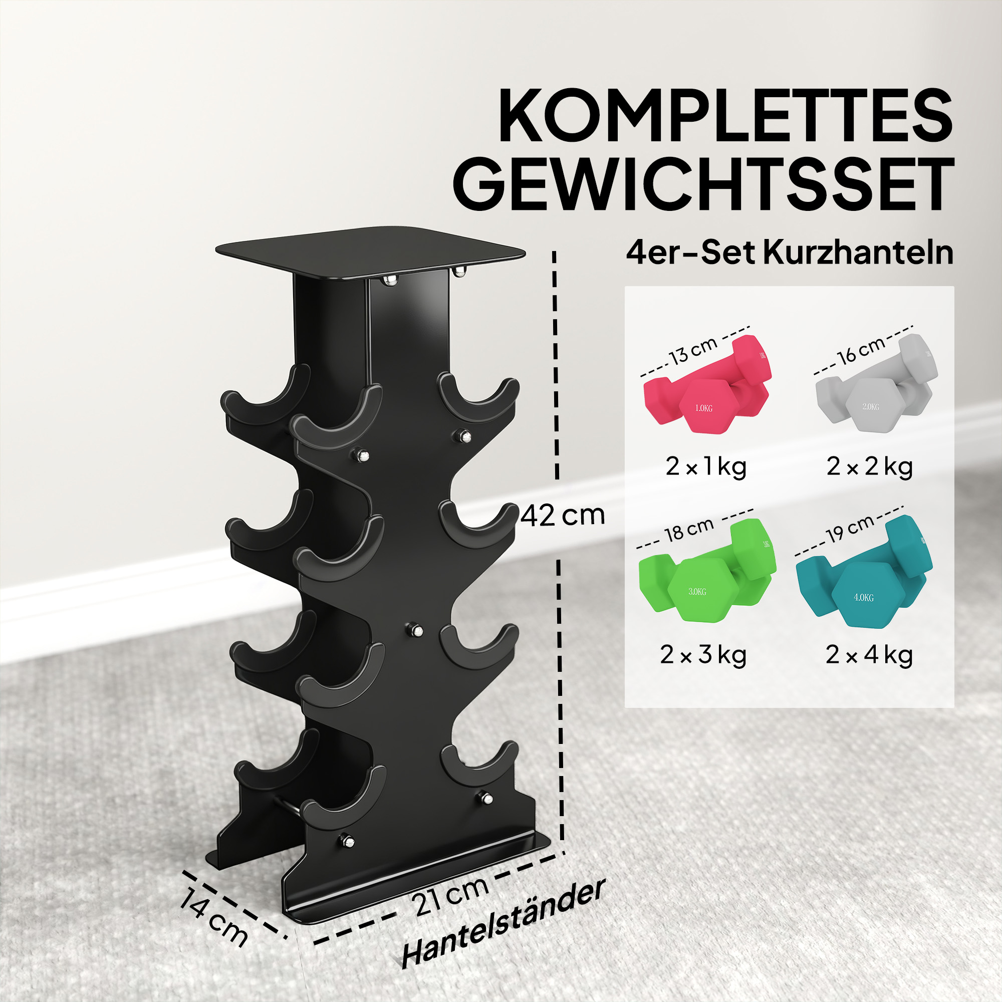 Hanteln Set 4 Paar Kurzhanteln mit Aufbewahrungsständer rutschfeste Griff, 1-4 kg Hexagon