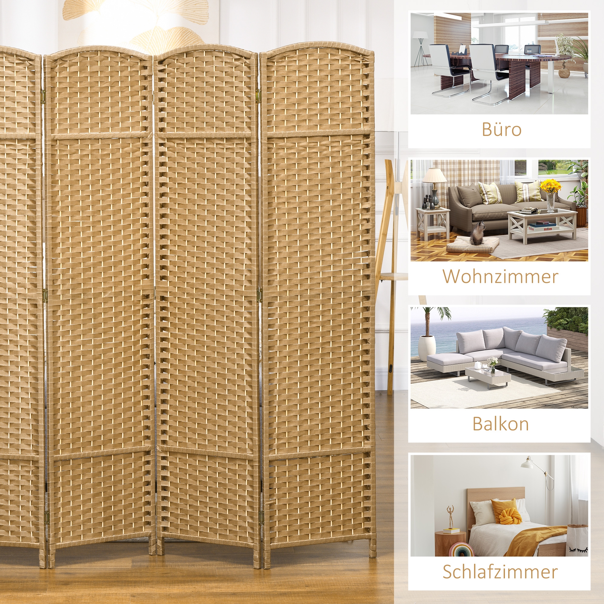 4-teiliger Raumtrenner, Faltbarer Sichtschutz, Sichtschutzwand für Wohnzimmer, Schlafzimmer, Homeoffice, Natur