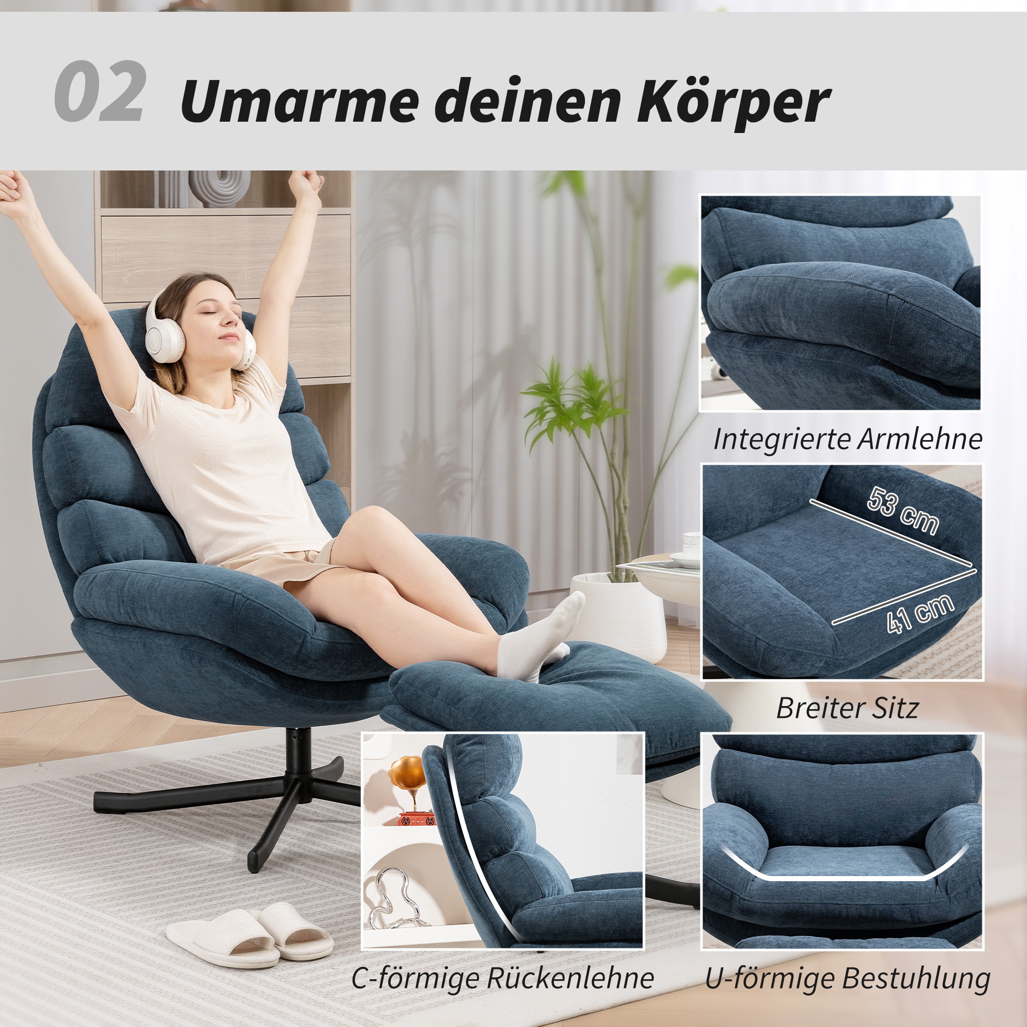Relaxsessel mit Hocker Sessel Loungesessel mit Chenille-Stoff, Modern Fernsehsessel, 78 x 93 x 100 cm, Blau