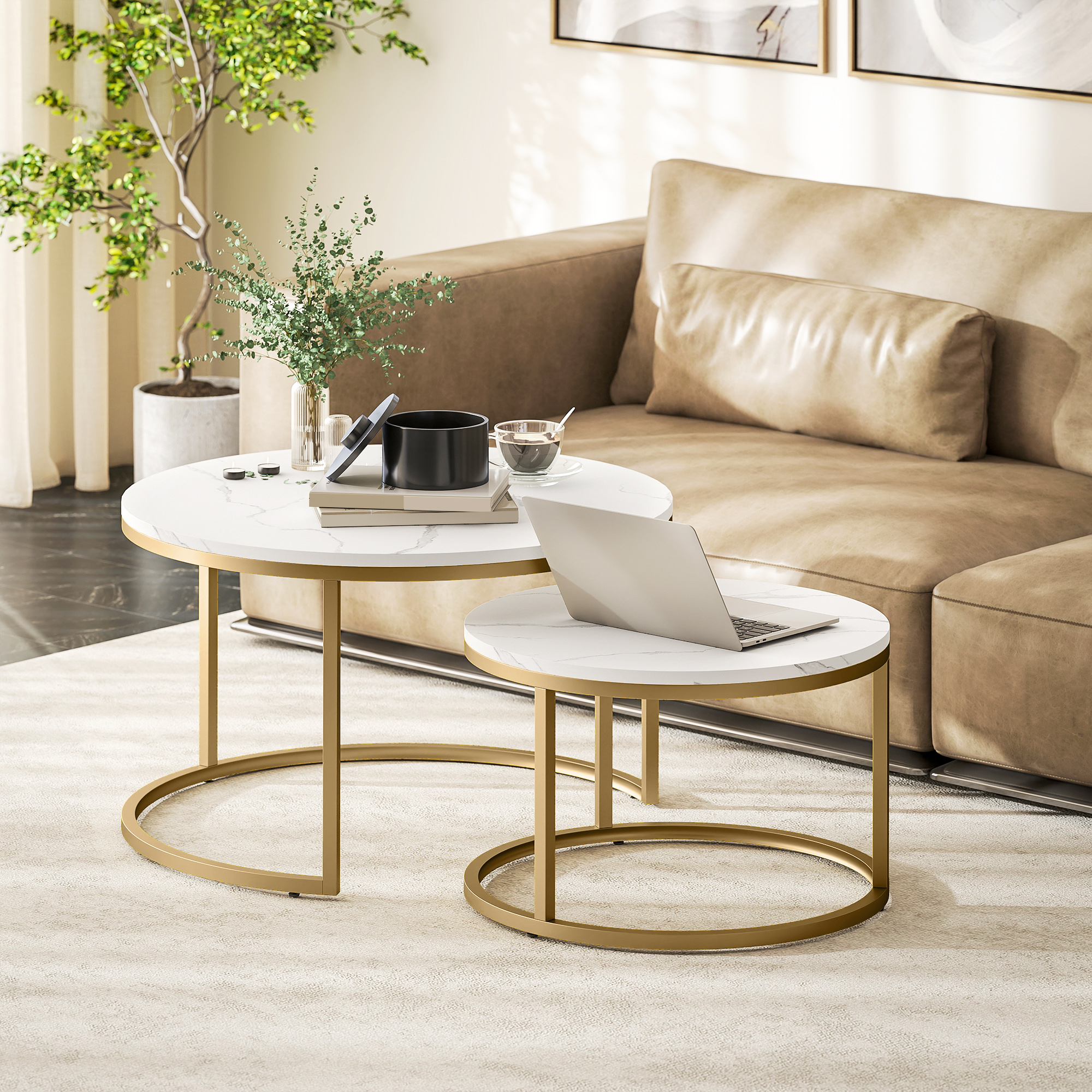 2er-Set runde Couchtische, stapelbare Beistelltische mit Metallrahmen, Wohnzimmertisch in Marmoroptik, Kaffeetisch, Grau