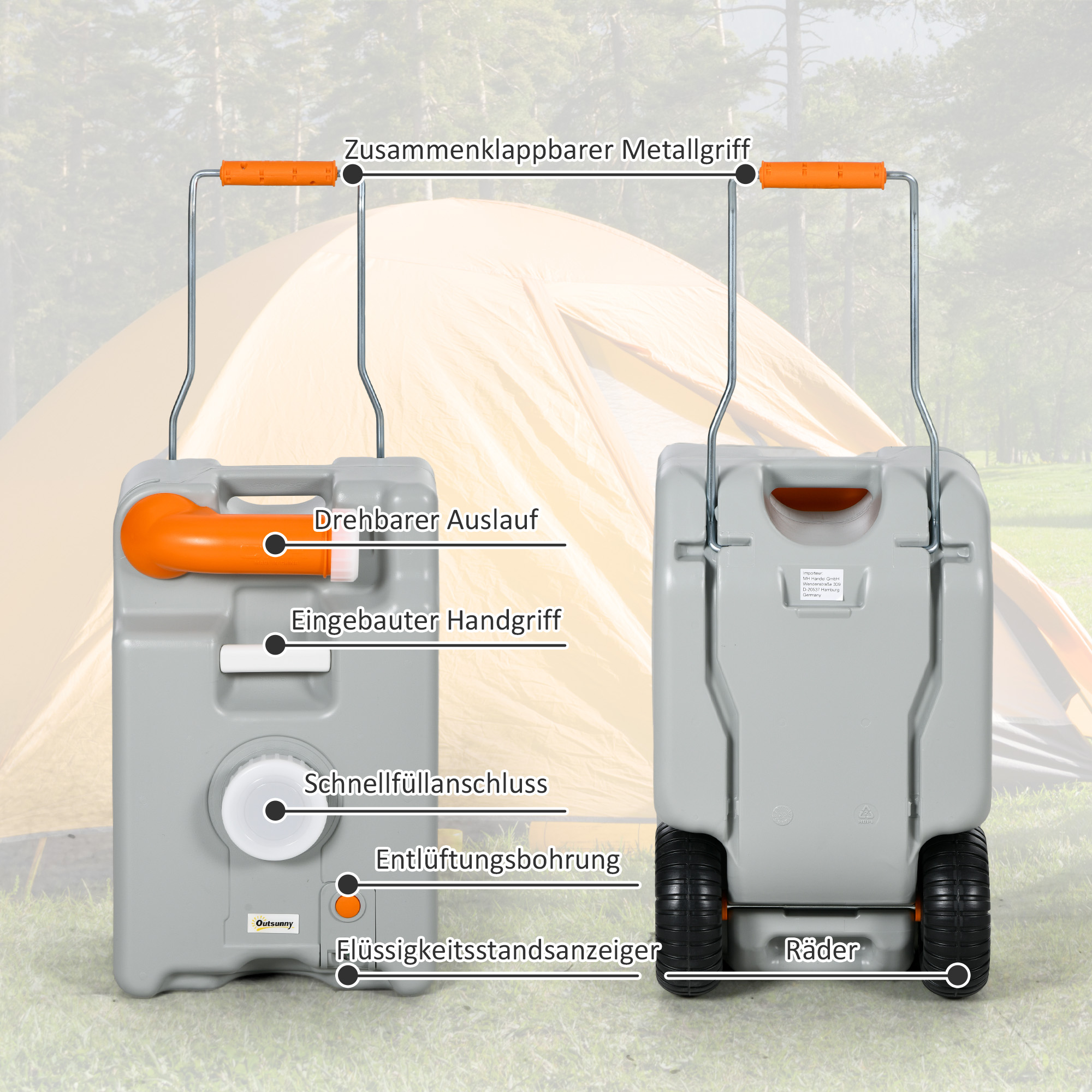 Abwassertank, 22 L, rollbar, spritzfreie Entleerung, HDPE, 33 x 26 x 53 cm, Grau