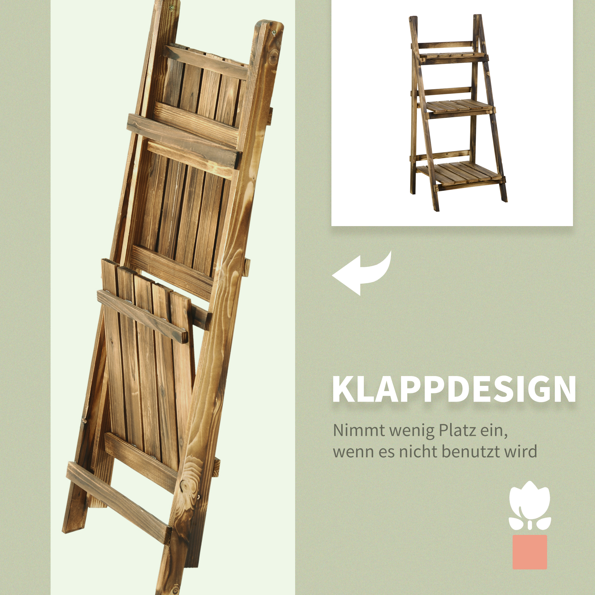 3-Etagen Pflanzenständer, klappbarer 93 cm hoch Blumenständer für Innen Außen, Pflanzenregal aus Holz, Blumentopfständer mit Tabletts, Blumentreppe für Wohnzimmer, Garten Balkon, Dunkelbraun