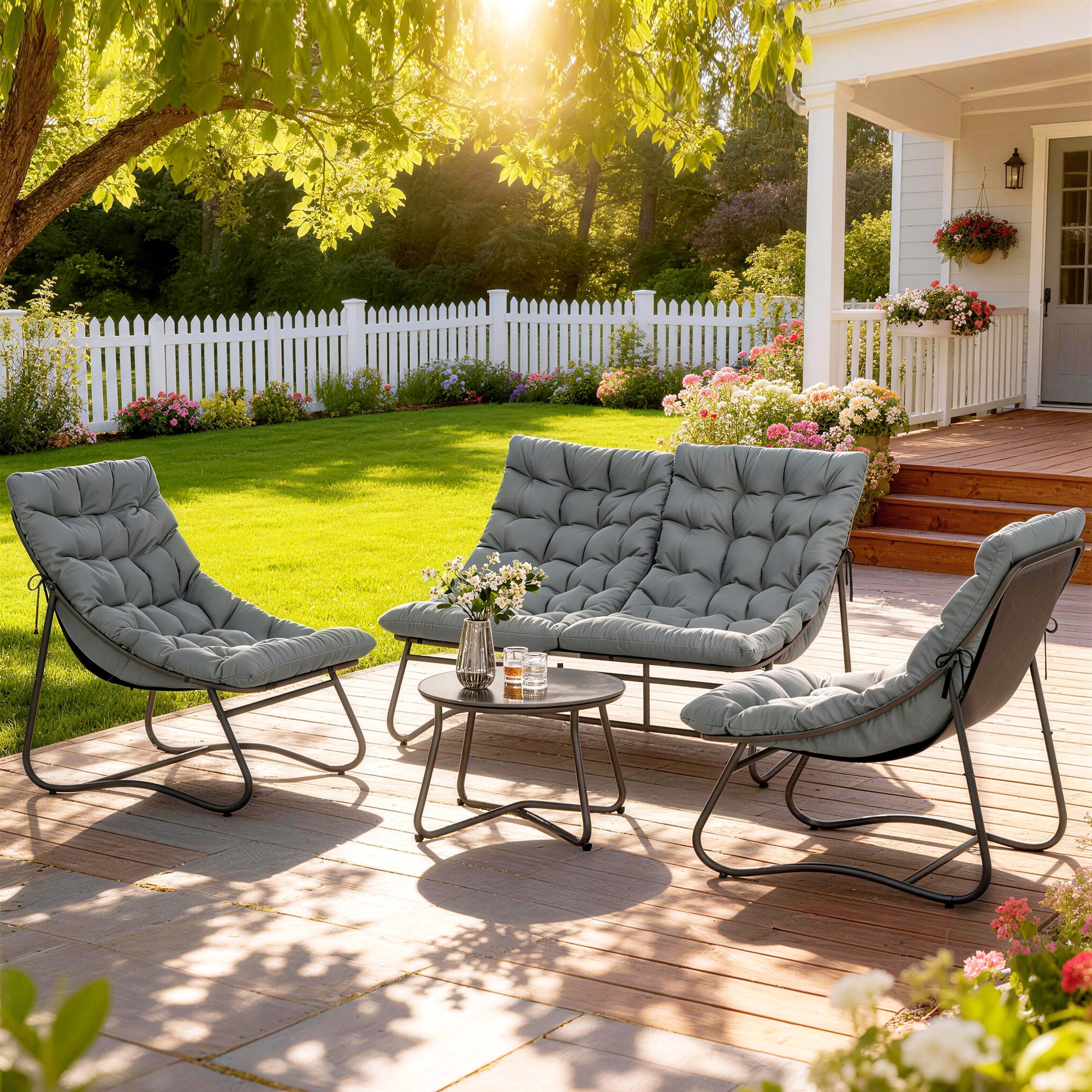 4-Sitzer Gartenmöbel-Set, 2 Stühle, 1 Doppel-Sofa, 1 Tisch, dicke Kissen, Stahlrahmen, für Terrasse, Grau