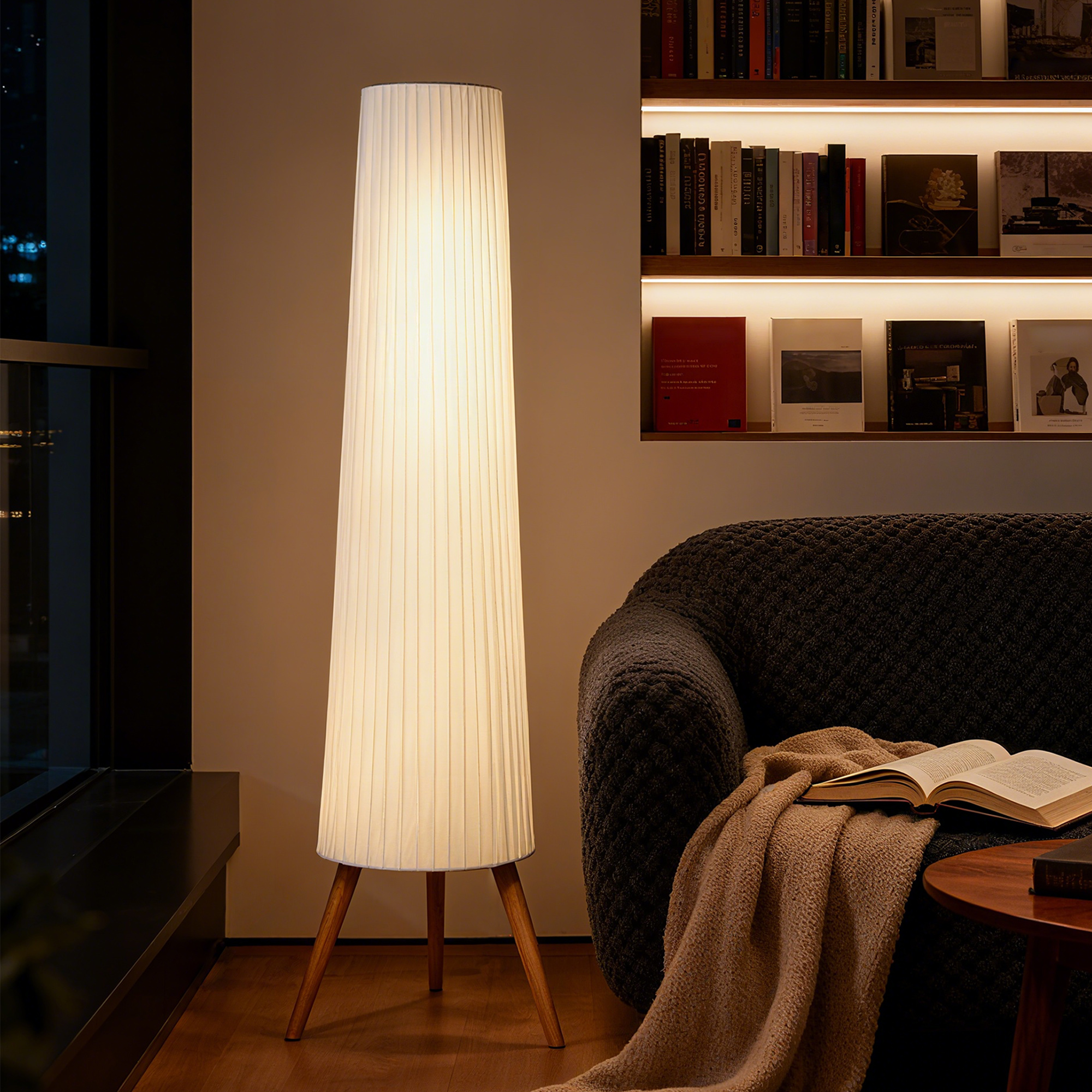 LED Stehlampe Wohnzimmer Dimmbar Holz mit Dreibein, Stehleuchte mit Fußschalter, 46 x 46 x 153 cm, Weiß