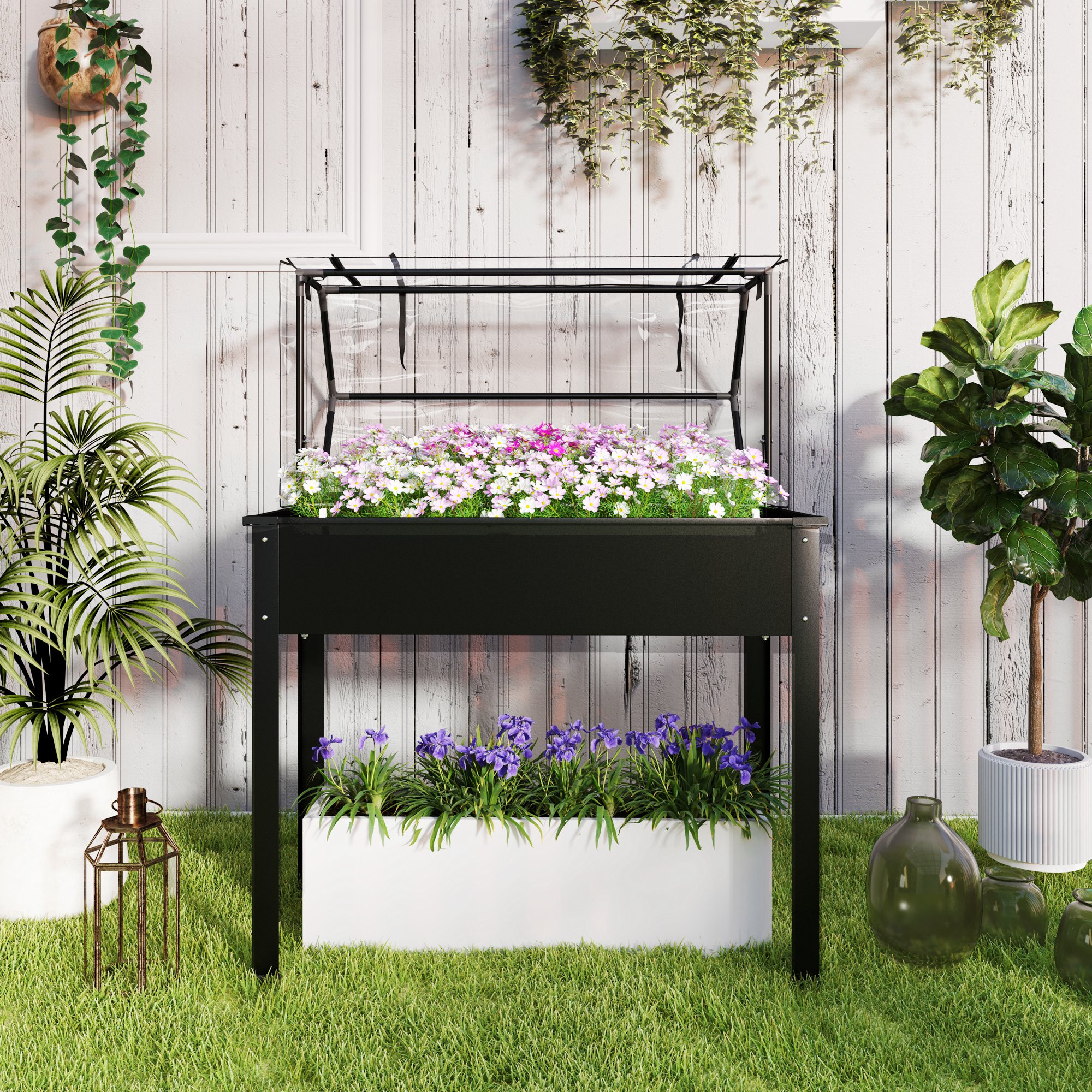 Hochbeet mit Gewächshaus-Dach, erhöhte Pflanzenbox mit Ablauflöchern, 100 x 48 x 124 cm, Schwarz