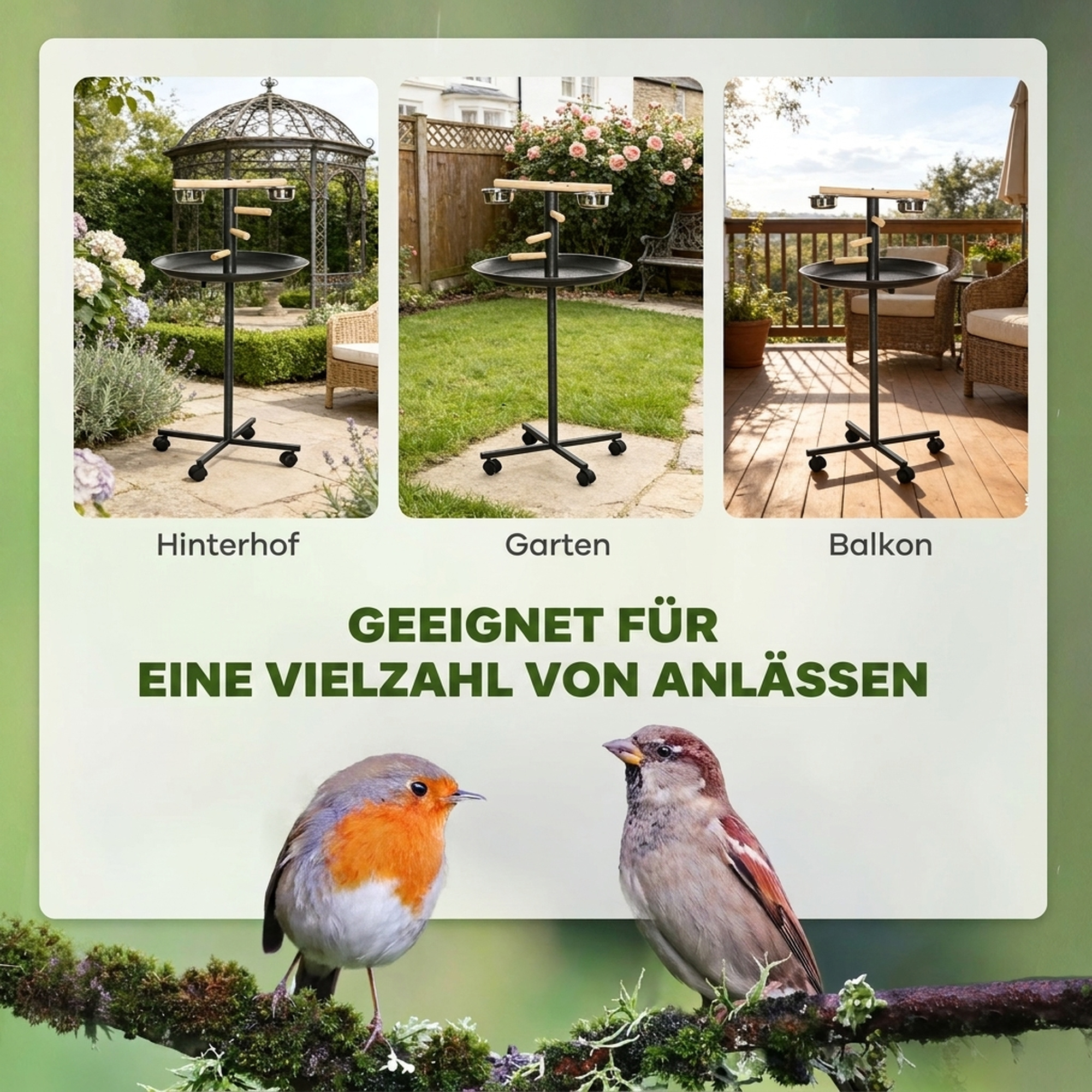 Vogelspielständer, tragbare Papageien-Sitzstange mit vier Rädern, Edelstahlschalen rundem Tablett