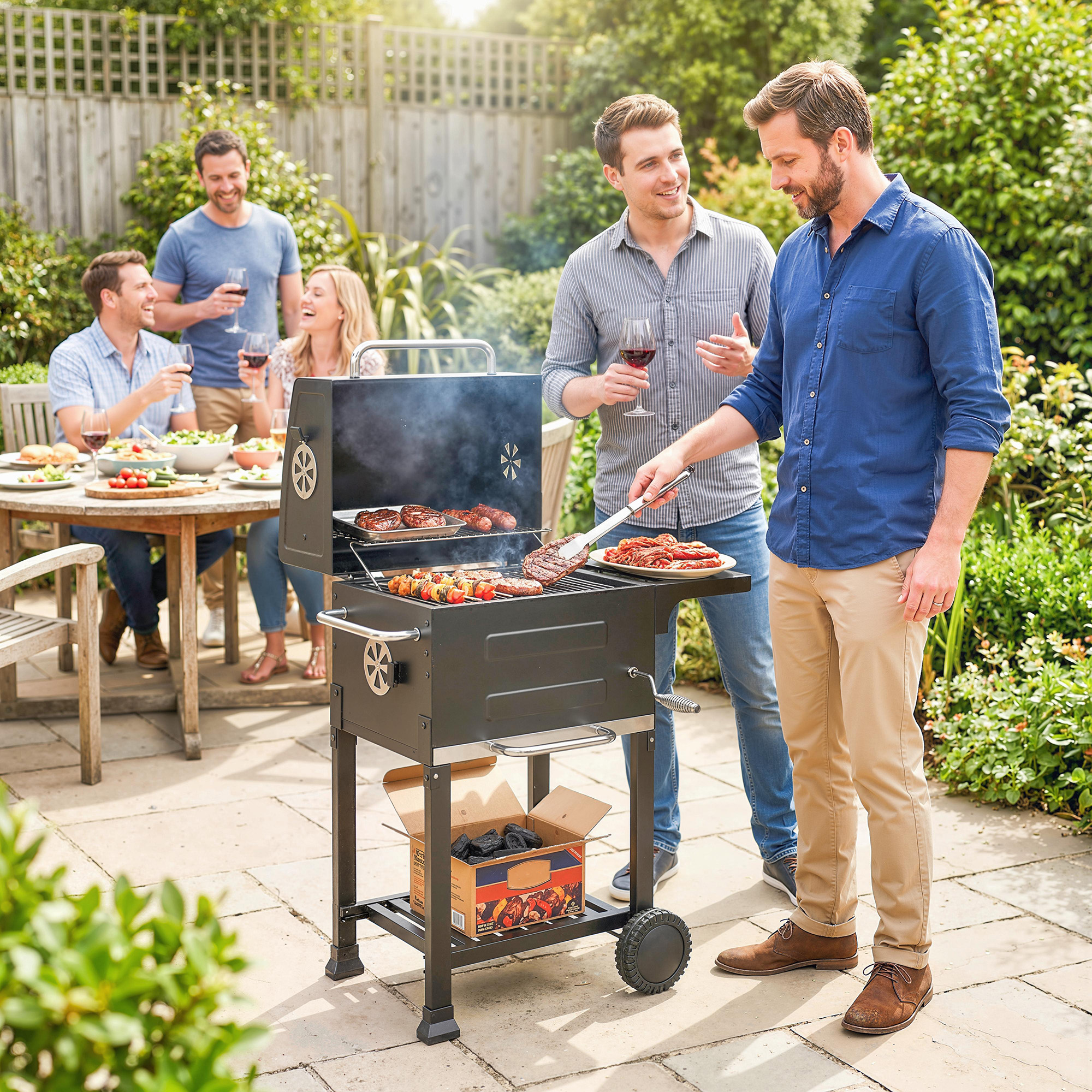 Holzkohlegrill Kompakt Grillwagen mit Deckel Thermometer Grillrost Seitentisch Aschefach Lüftungsschlitzen