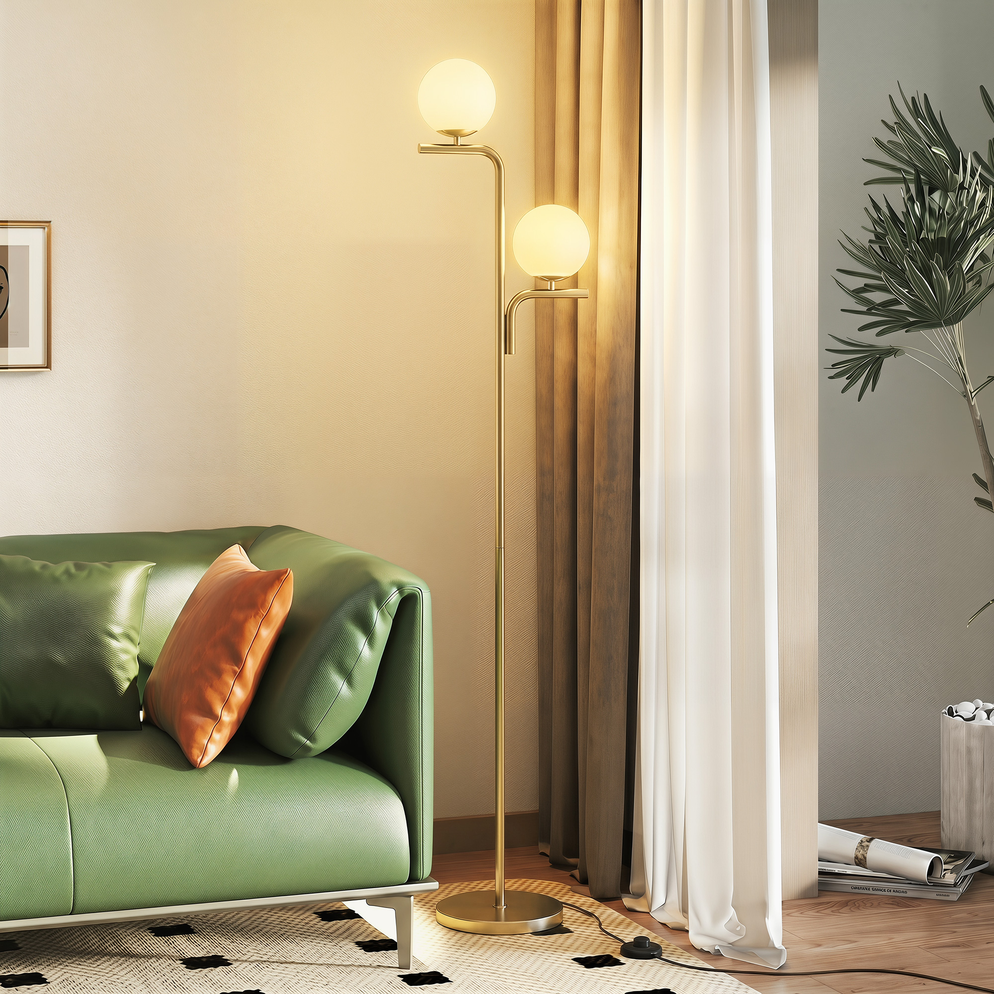 LED-Stehlampe, moderne Lampe mit 3 Farbtemperaturen, Glaskugelschirme und Fußschalter, Gold