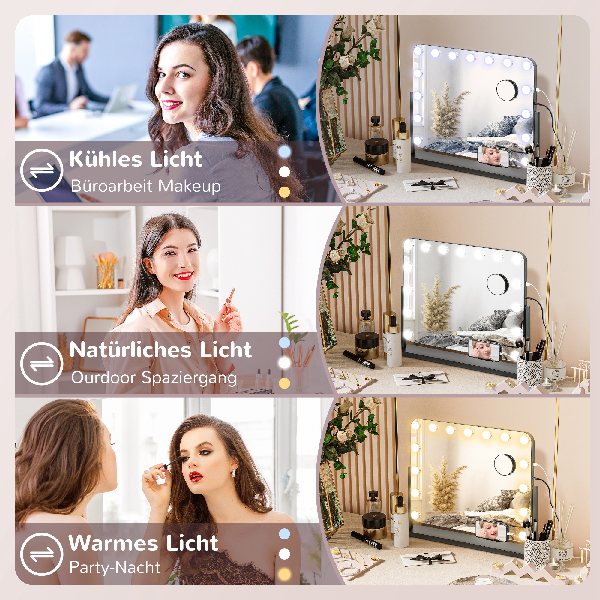 LED Kosmetikspiegel, 3 Lichtmodi, dimmbar, Touchsteuerung, USB, 62,5x49,5cm, Schwarz