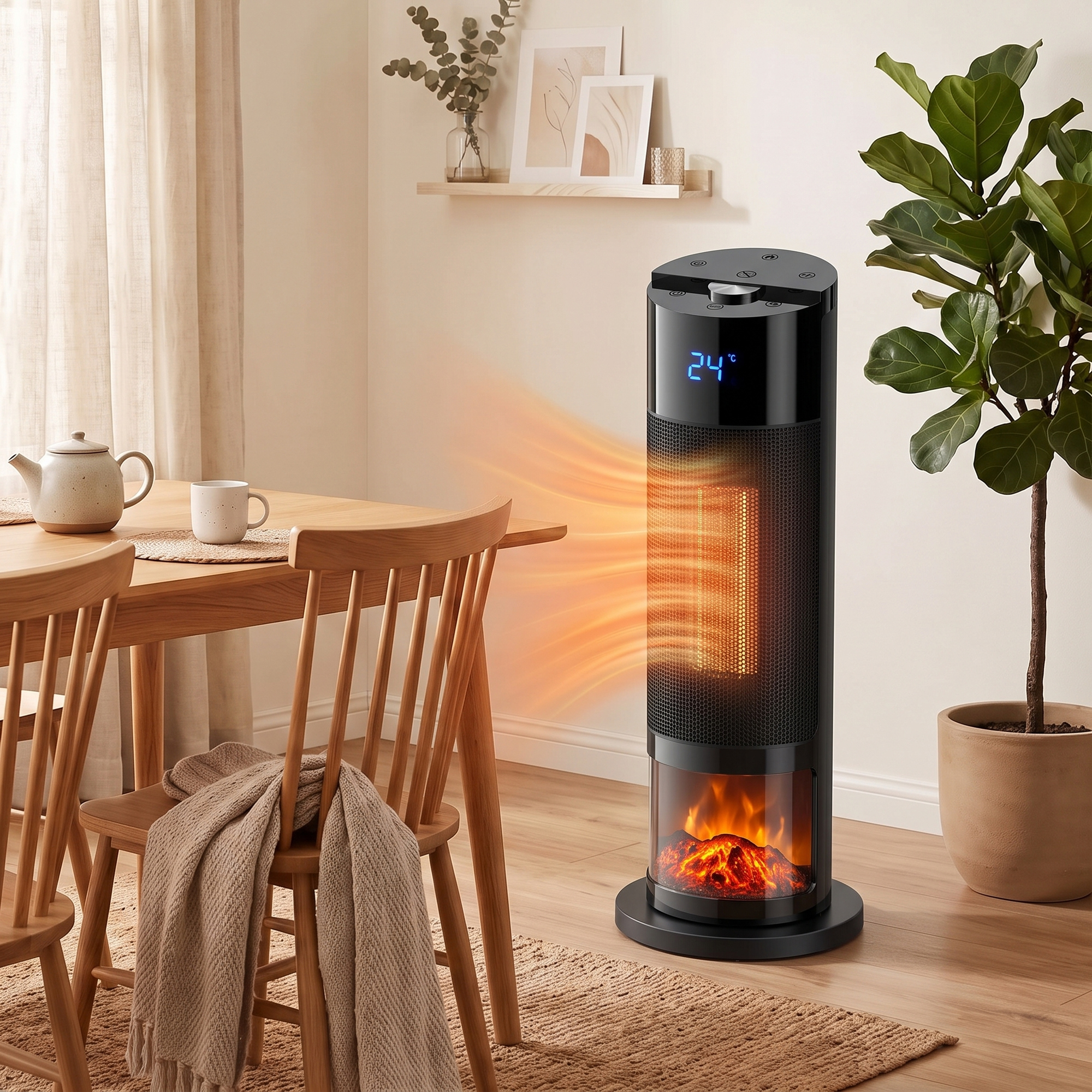 Keramik Heizlüfter 2000W Thermostat 3D Flamme Elektroheizung Fernbedienung Schwarz
