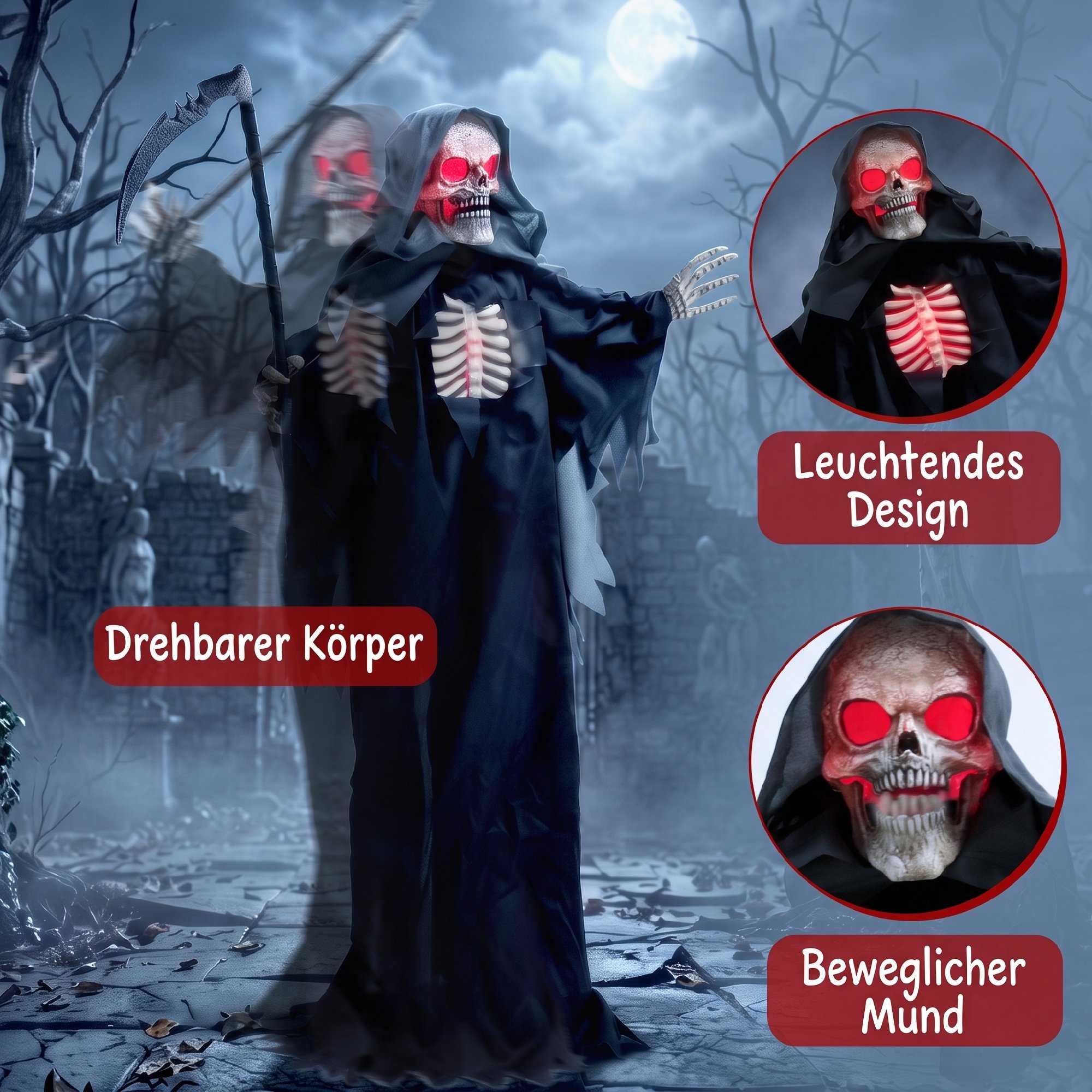 170 cm Halloween Animierte Sensenmann Deko mit Sound- und Berührungsaktivierung, leuchtenden Augen und Brustkorb