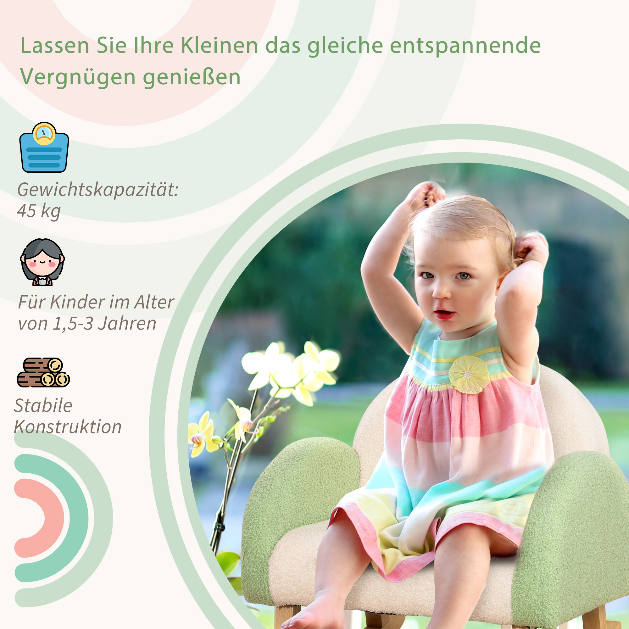 Schaukelstuhl für Kleinkinder Niedliches Design, Schaffell-Imitat, Eukalyptusholz Grün + Gelb Beige