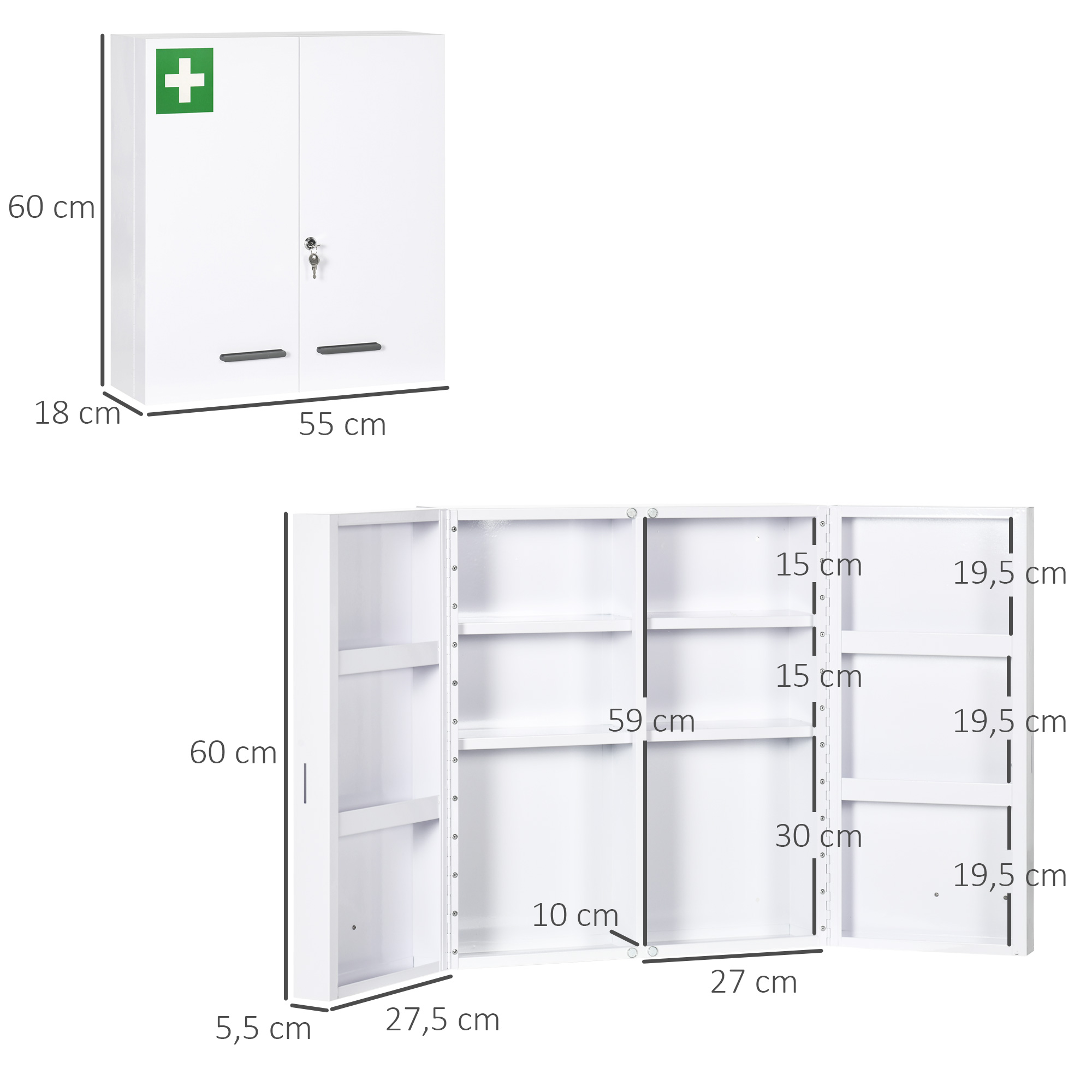 Medizinschrank, 6 Innenfächer, abschließbar, 2 Türen, stabiles Stahlgehäuse, weiß, 55 x 18 x 60 cm
