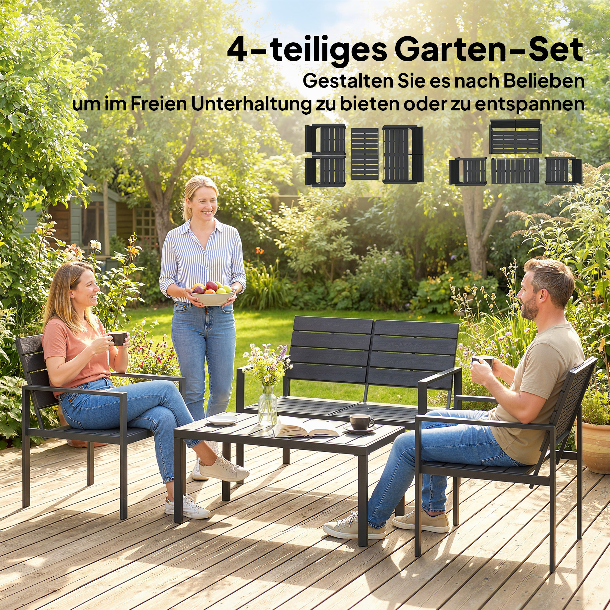Gartenmöbel Set Sitzgruppe für 4 Personen Gartenlounge mit 2er Sofa 2 Sessel Beistelltisch Lamellendesign Schwarz