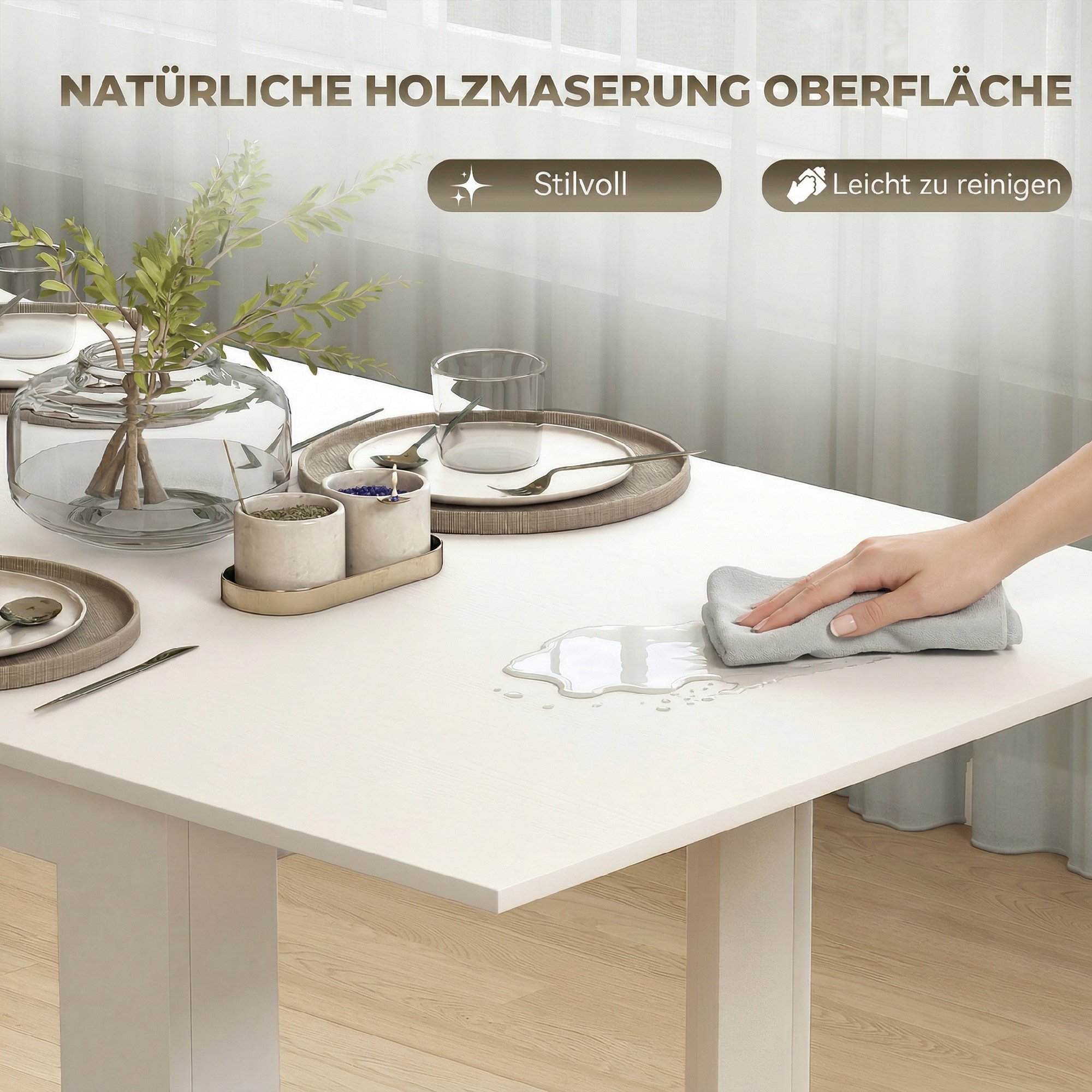 Esstisch ausziehbar, 140/180 x 80 cm Küchentisch für 6-8 Personen, für Küche, Esszimmer, Weiß