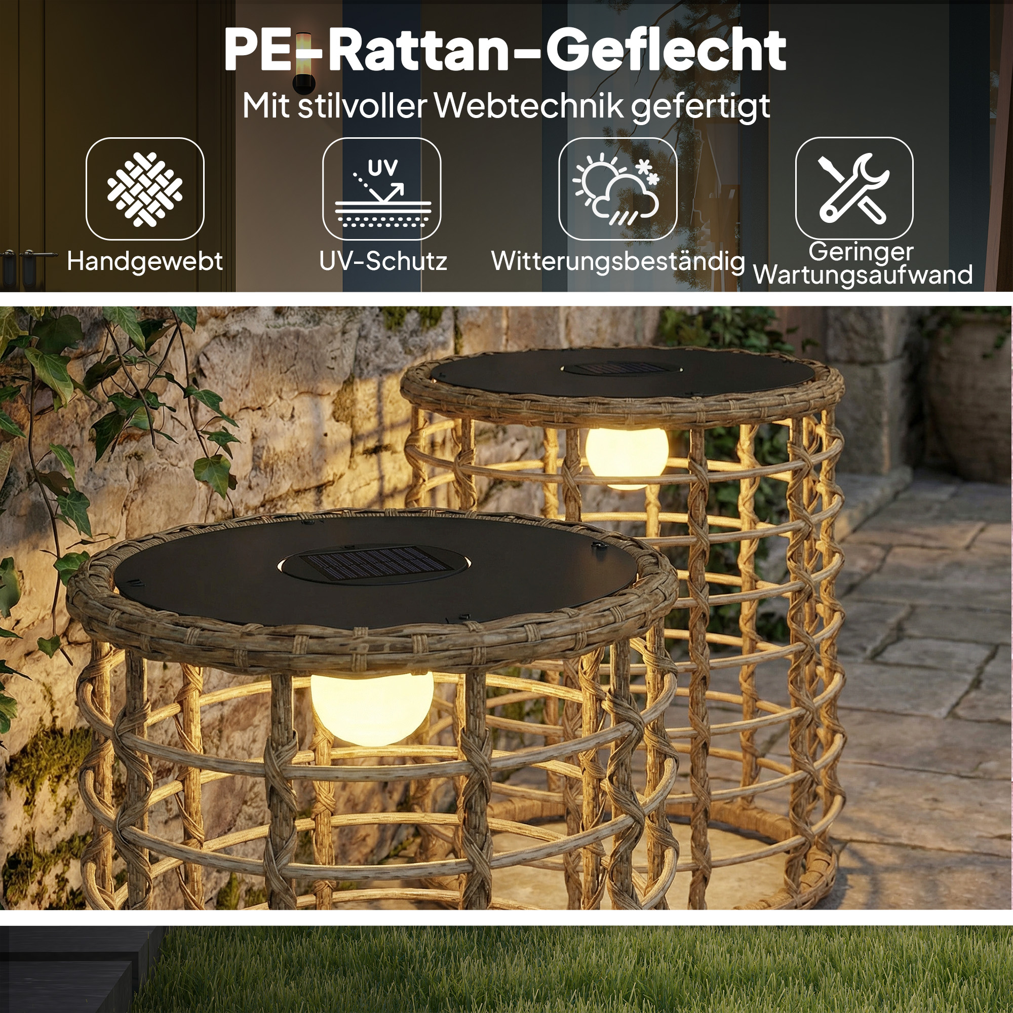 Solar Stehlampe 2er Set Rattan Solarlampen mit Lichtsensor LED Solarleuchte im Boho-Stil IP44