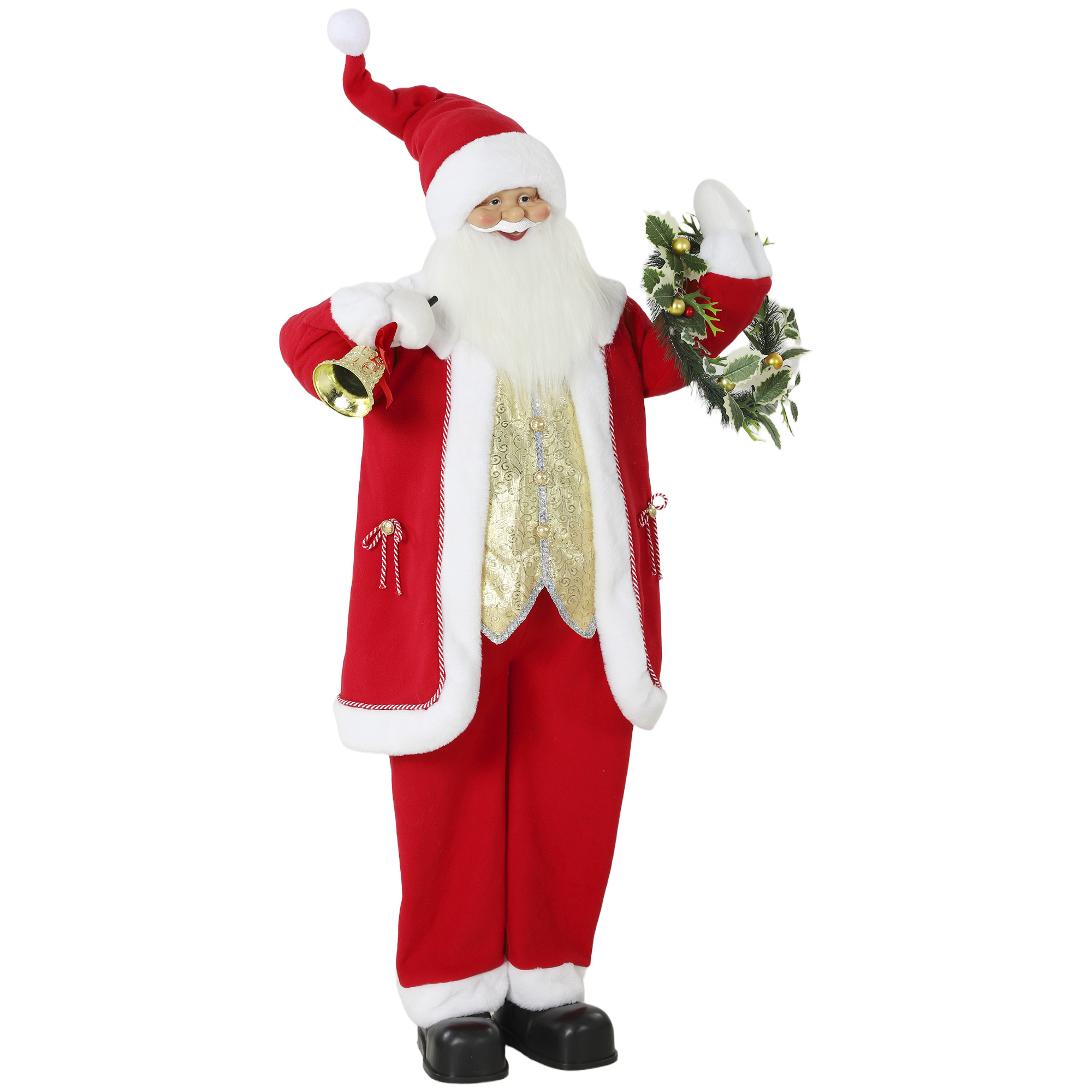 Singender Weihnachtsmann, 150 cm, stehende animierte Weihnachtsfigur mit Glocke und Kranz, per Sound/Berührung aktiviert