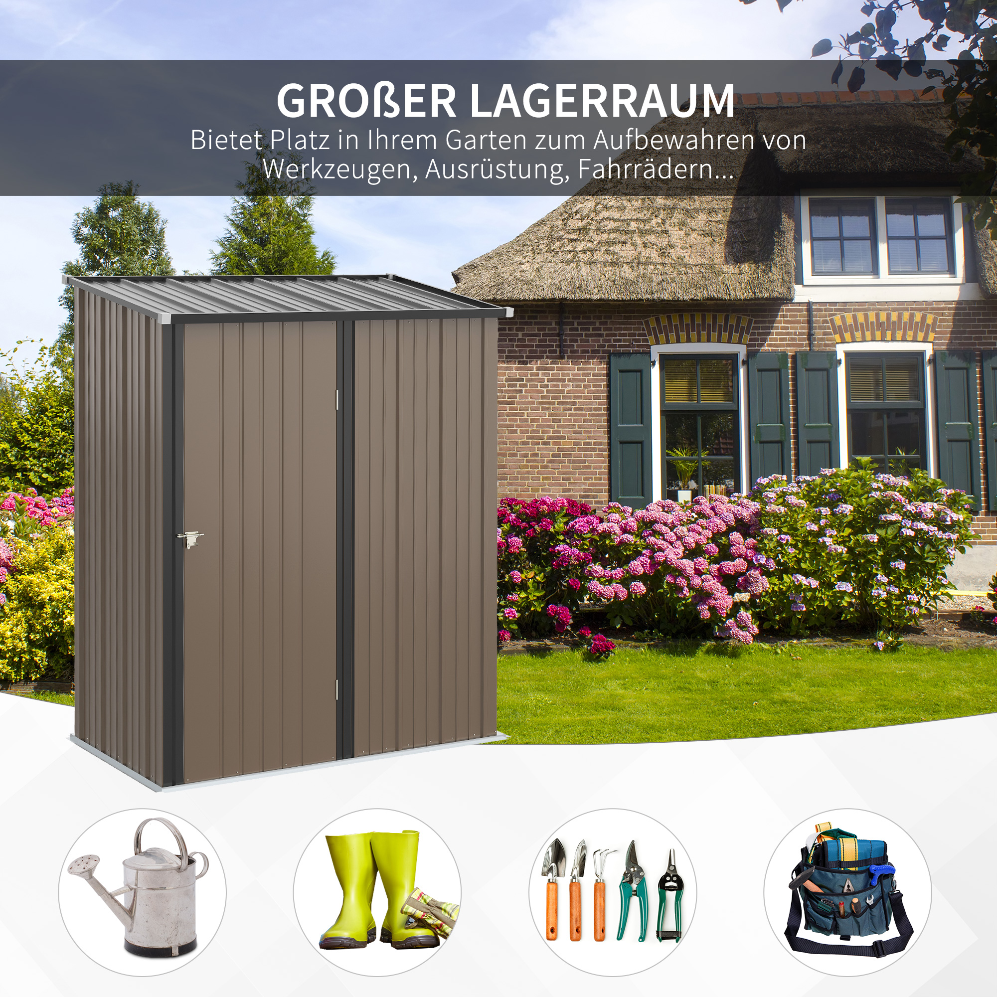 Gerätehaus 1,34 m² Geräteschrank mit Pultdach abschließbar Gartenhaus Geräteschuppen aus verzinkter Stahl 161,5 x 94,5 x 196 cm Braun