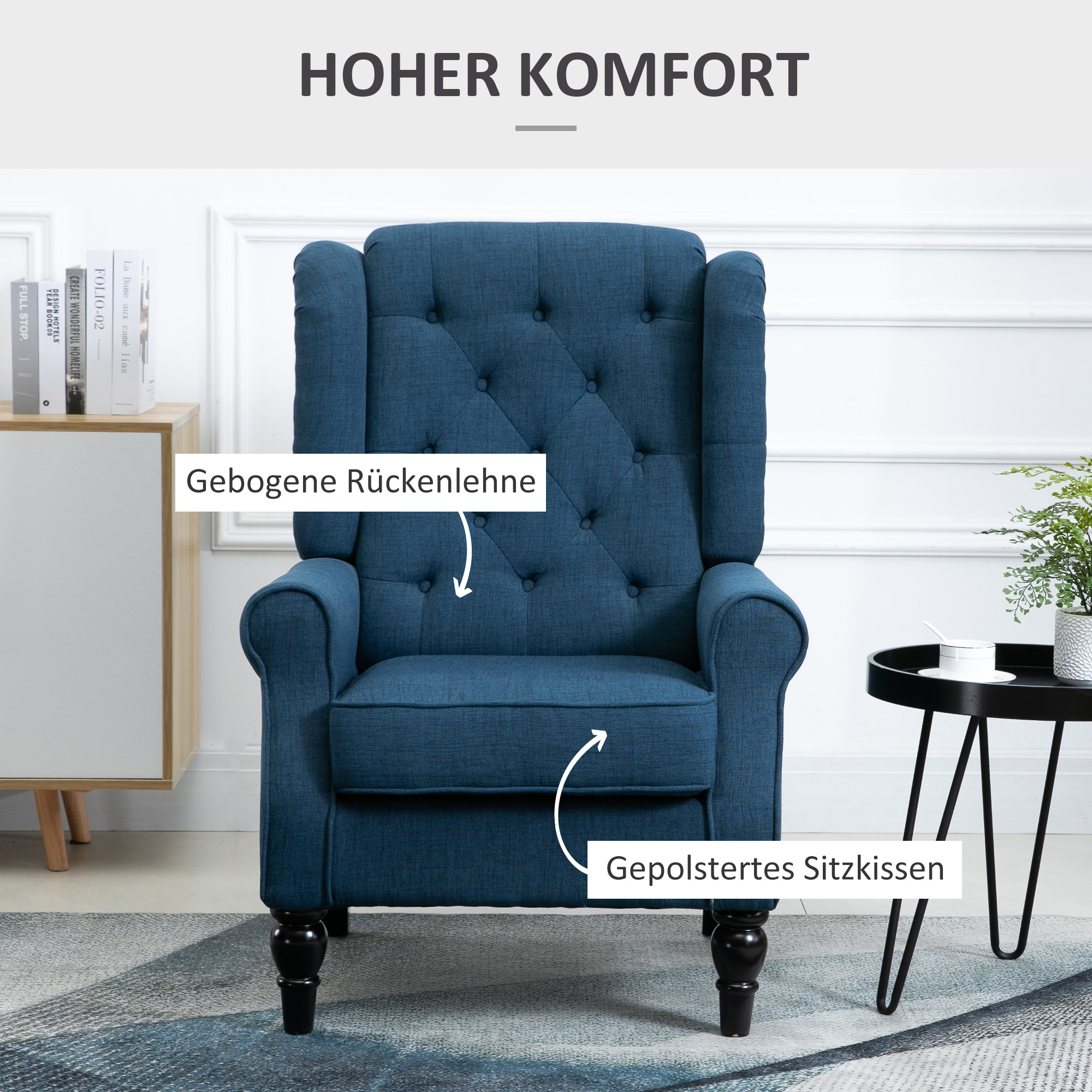 eleganter Ohrensessel, dick gepolstert, abnehmbarer Bezug, 74 x 86 x 102 cm, Blau
