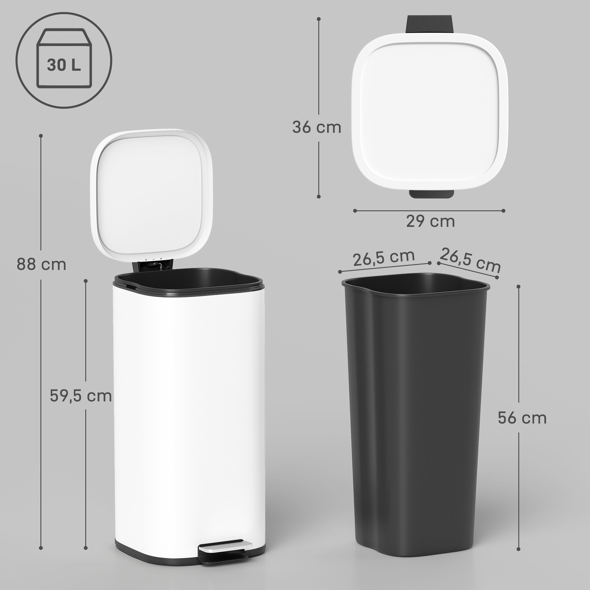 30L Küchenmülleimer Pedaleimer mit Deckel, Soft-Close- und Offenhalte-Funktion für Küche, Zuhause