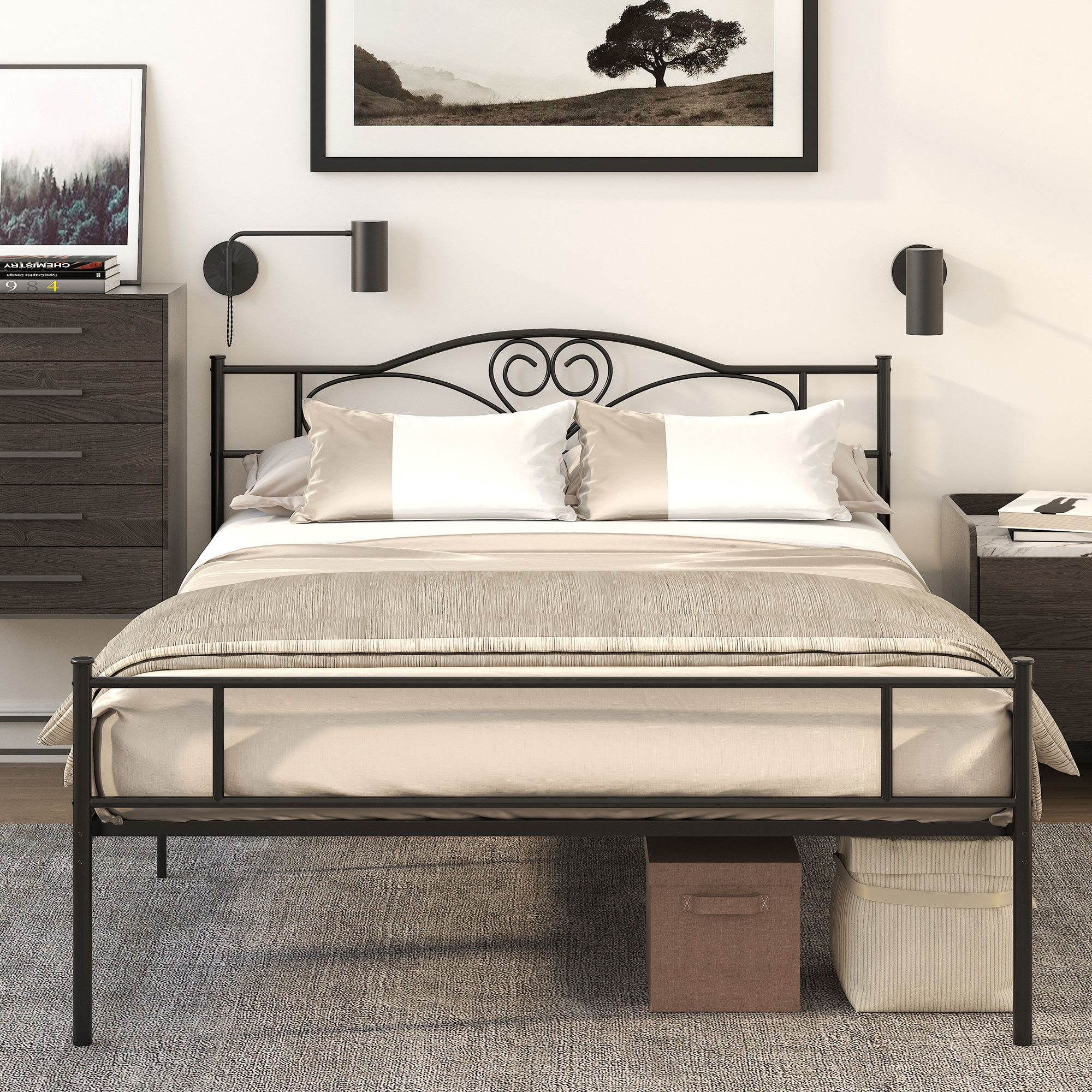 Bettgestell aus Metall mit Kopfteil, 300 kg Belastbarkeit, 145L x 211B x 106H cm, Schwarz
