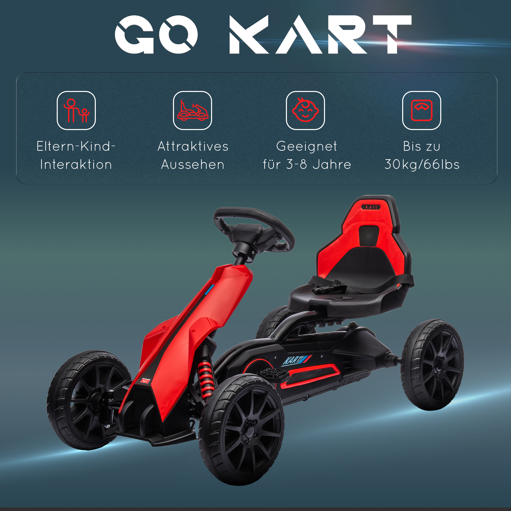 Go Kart Pedal Go Kart Rückwärts-uns Vorwärtsgang, für Kinder von 3 bis 8 Jahren, Rot