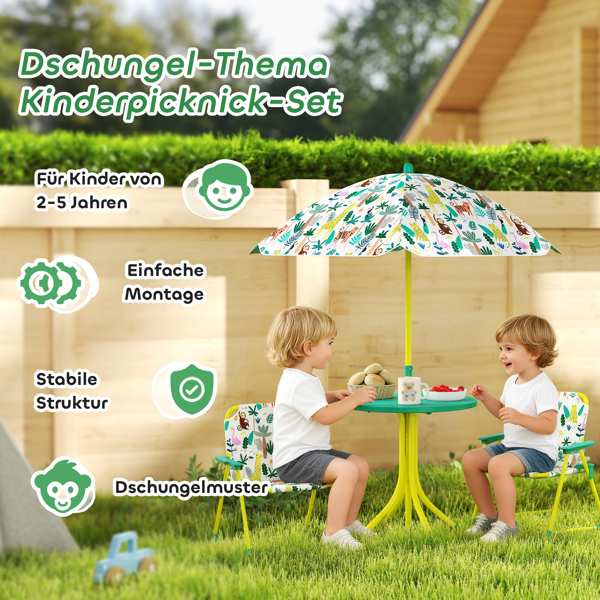 Kindersitzgruppe, 4 teilige Kindersitzgarnitur mit abnehmbarem Sonnenschirm, Kindertisch mit 2 Klappstühlen, Grün