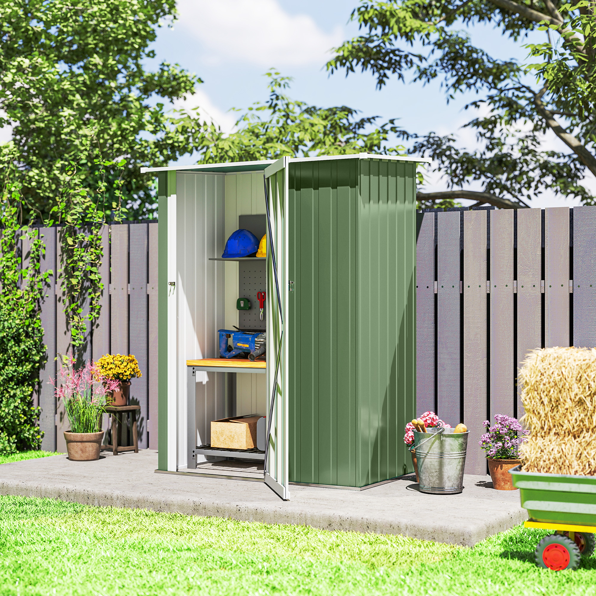 Metall Gerätehaus 1,07 m² 142 x 86 x 189 cm Geräteschuppen mit Pultdach Abschließbarer Tür, wetterfest Gartenhaus Outdoor Garten Schuppen für Hinterhof Außenbereich Grün