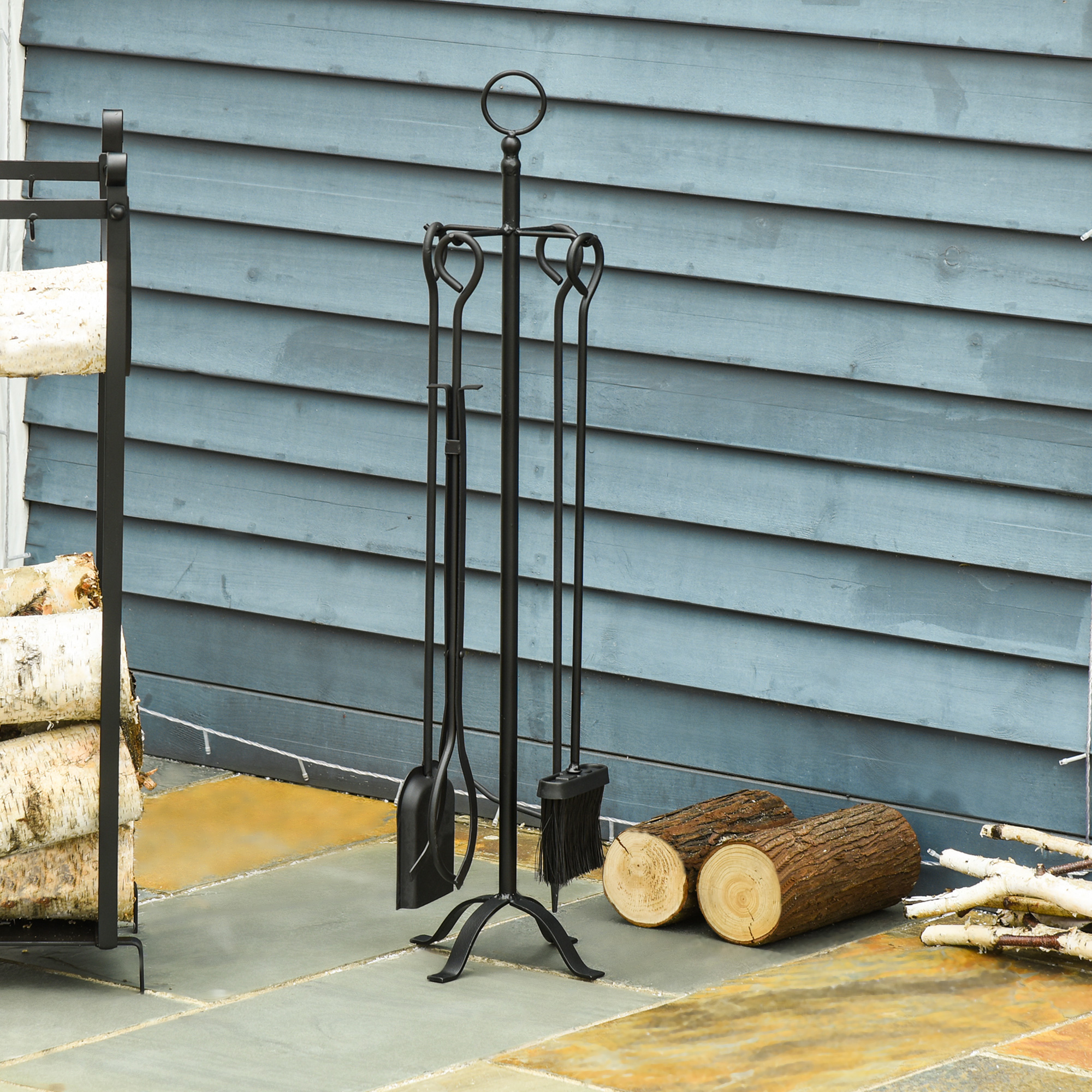 5-teiliges Kamingarnitur Kamin Garnitur Set Kaminbesteck innen Kamin Zubehör Kaminofen Besteck Schmiedeeisen Besteck Werkzeuge Metall Schwarz 20 x 20 x 82,5 cm