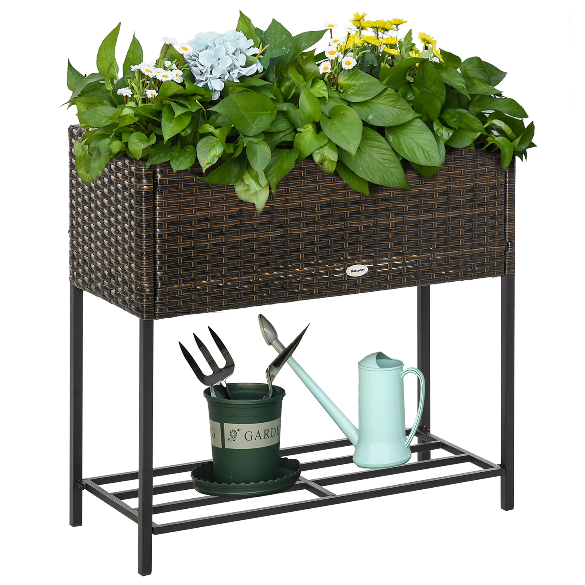Hochbeet, Blumenkasten, tiefe Ablage, Metallrahmen/Polyrattan, 70 x 30 x 70 cm, Braun/Schwarz