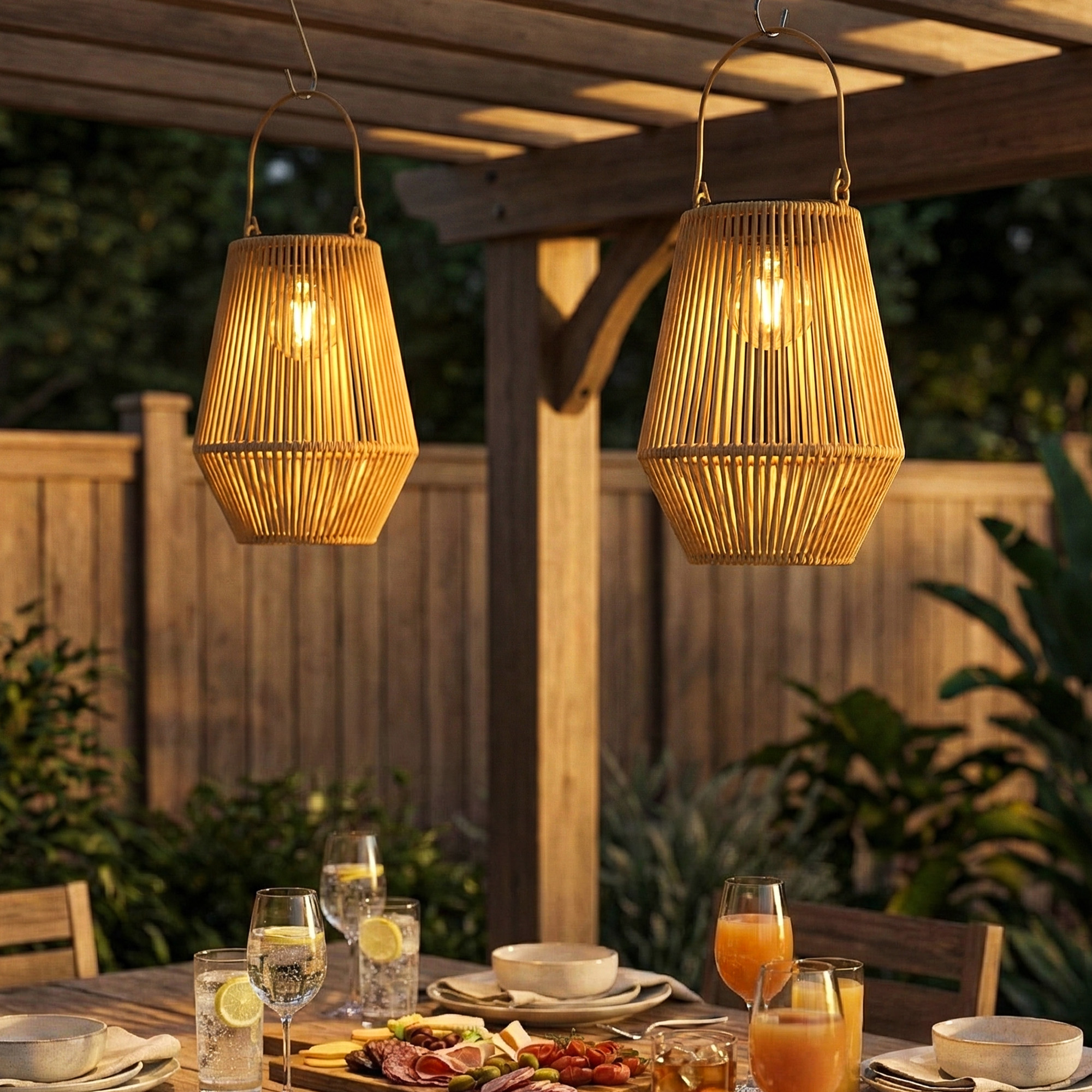 Solar Stehlampe 2er Set Rattan Hängend Solarlampen mit Lichtsensor IP44 wasserdichte Solarlampe für Garten Balkon Braun