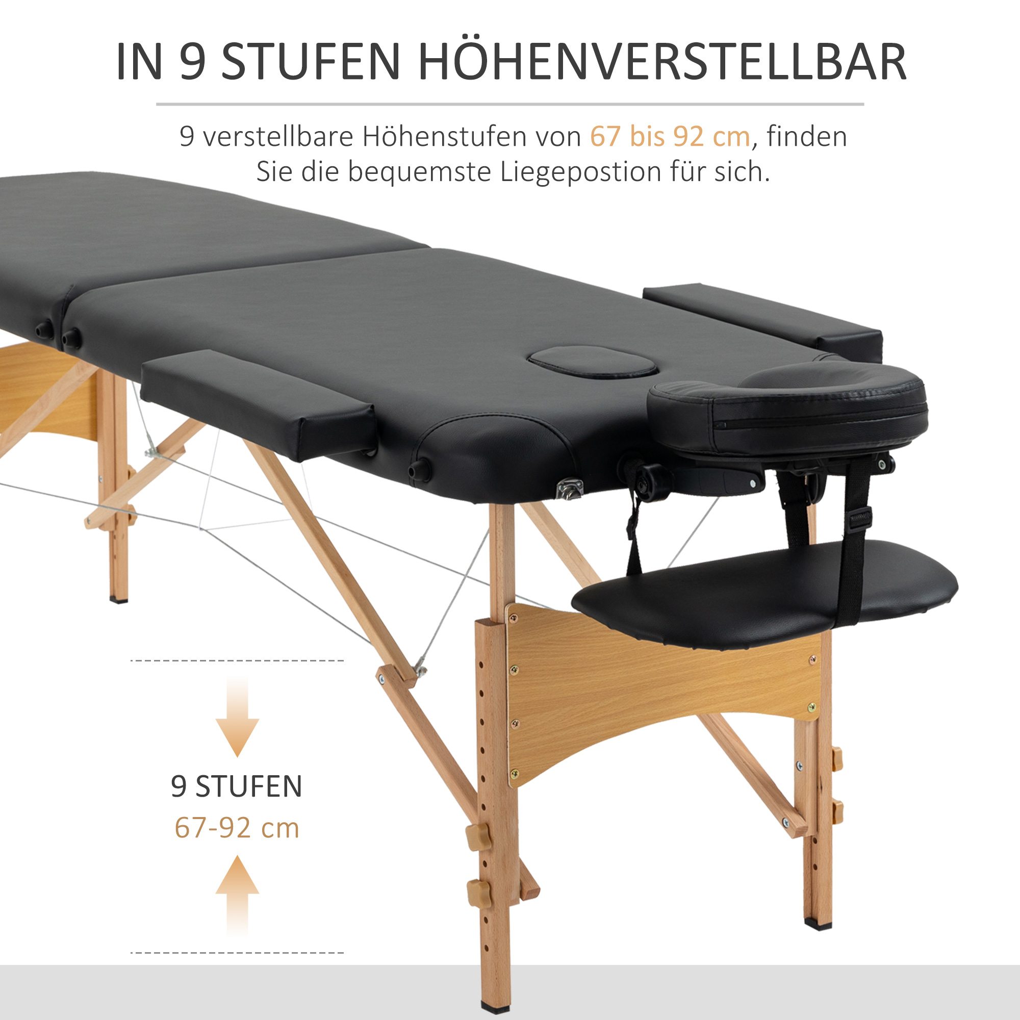 Massagetisch, klappbare Massageliege, höhenverstellbare Massagebank für Spa, Salon, Kunstleder, Holz, Schwarz