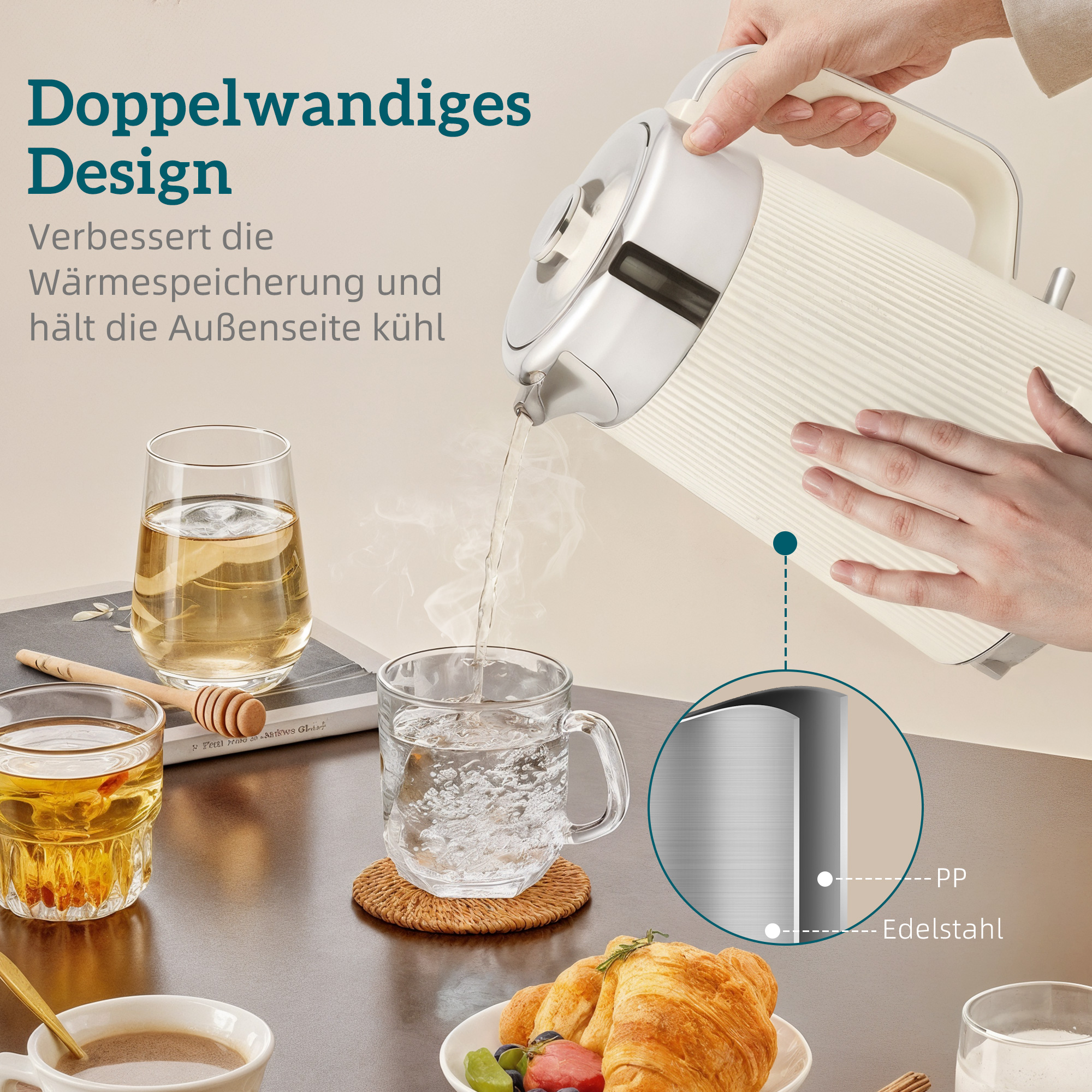 2200W, 1,7L Wasserkocher mit Schnellkochfunktion, Entkalkungsfilter und 4-Scheiben-Toaster mit 7 Bräunungsstufen, Creme
