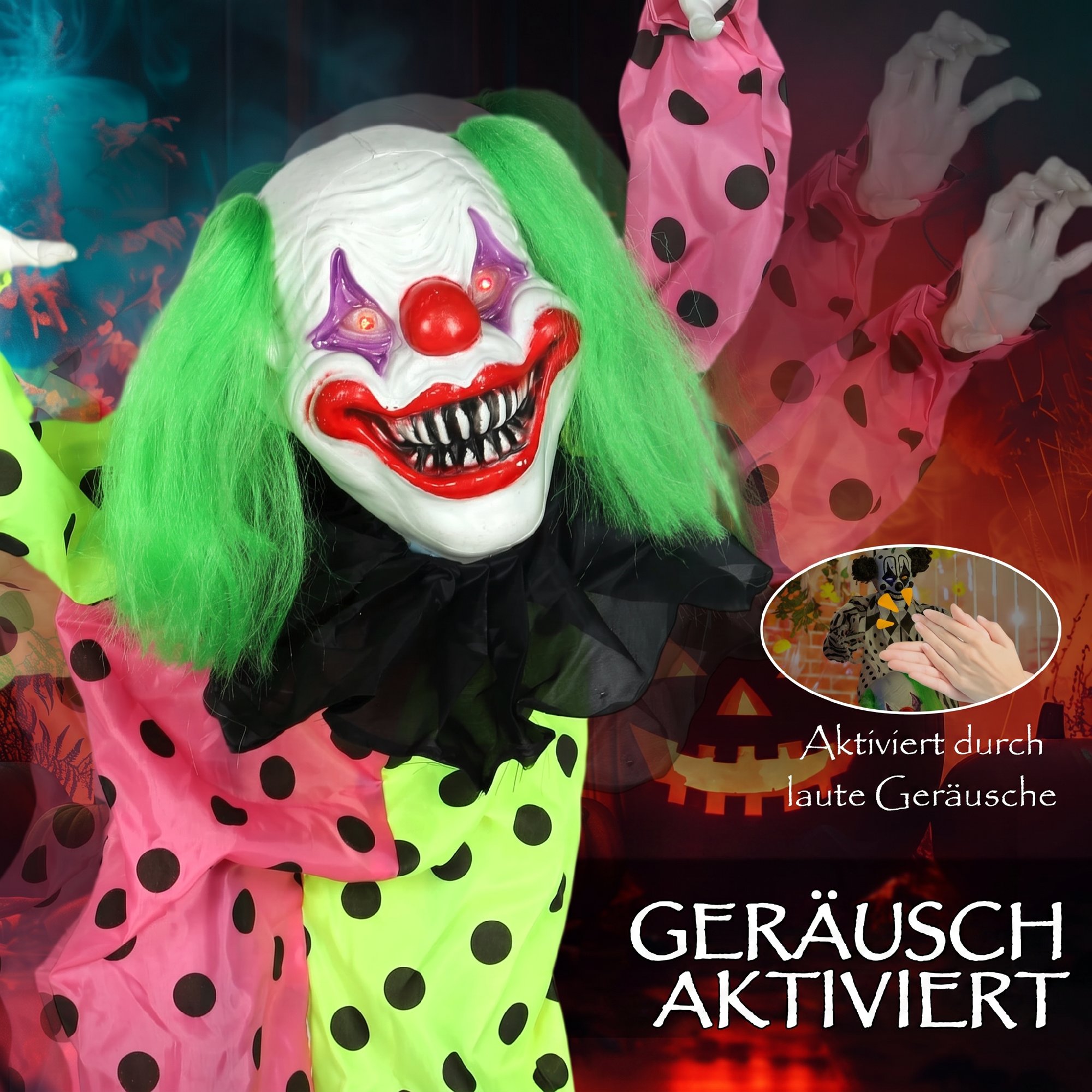 stapelbare Halloween-Animatronics-Clowns mit roten leuchtenden Augen für Indoor-Party-Requisiten