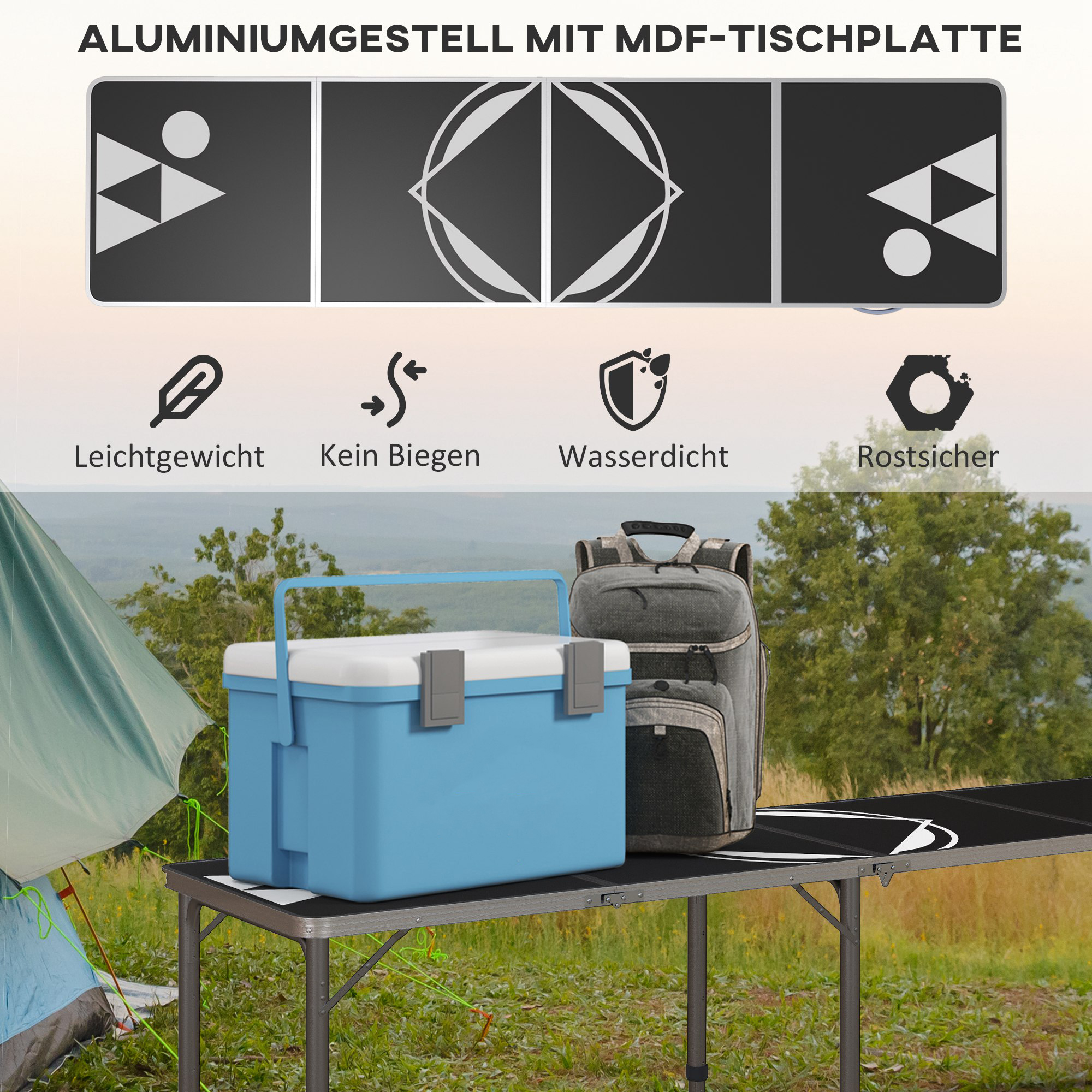 Campingtisch, klappbar, leicht, höhenverstellbar, Aluminiumrahmen, 240 x 60 x 54/62/70 cm, Schwarz