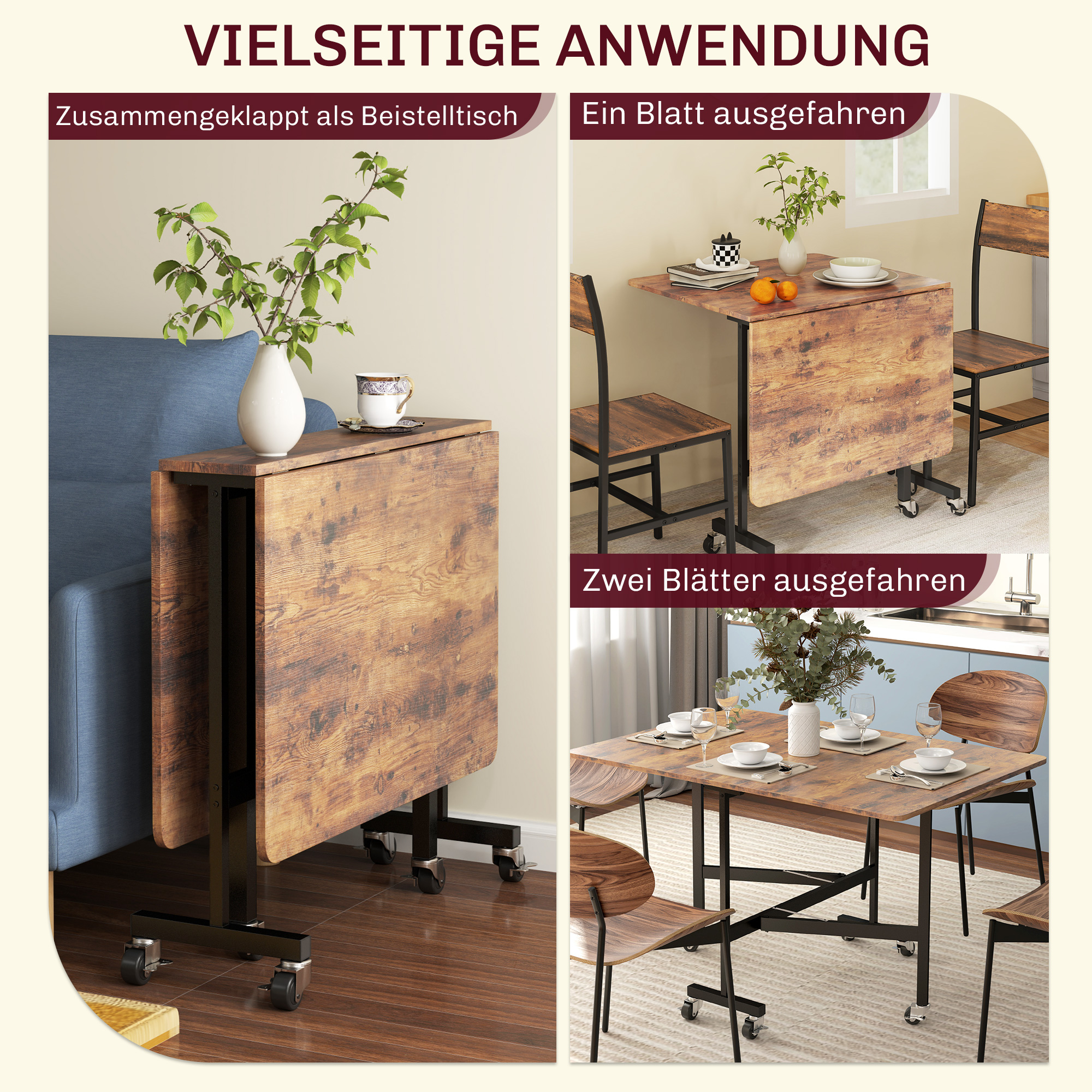 Klappbarer Esstisch, für bis zu 6 Personen geeignet, mit 6 Rollen und Bremsen, für kleine Räume, Braun