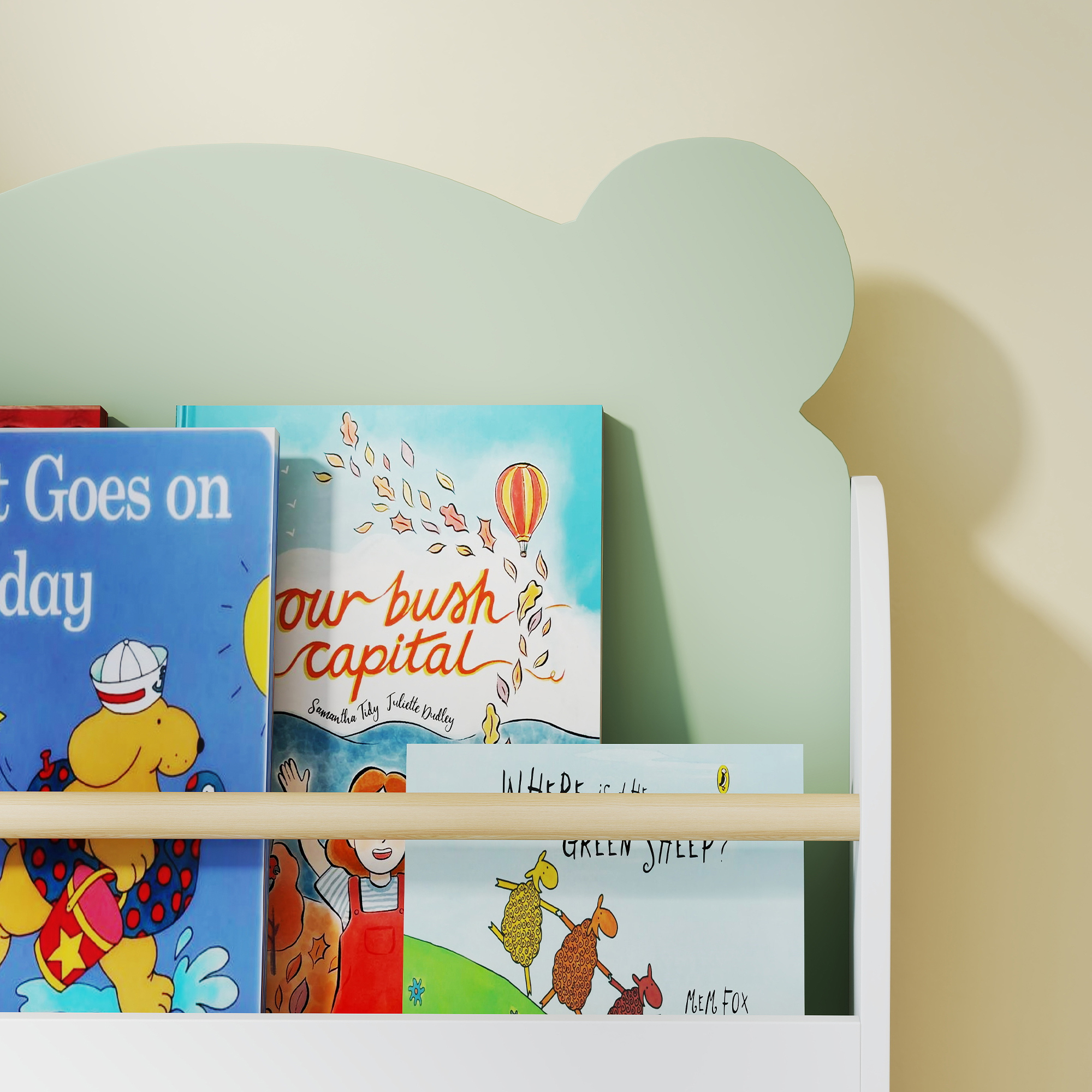 Bücherregal Kinder, 3-stufiges Kinderregal mit Bärenthema für Bücher Spielzeug Kinderzimmer, 55 x 15 x 110 cm, Grün
