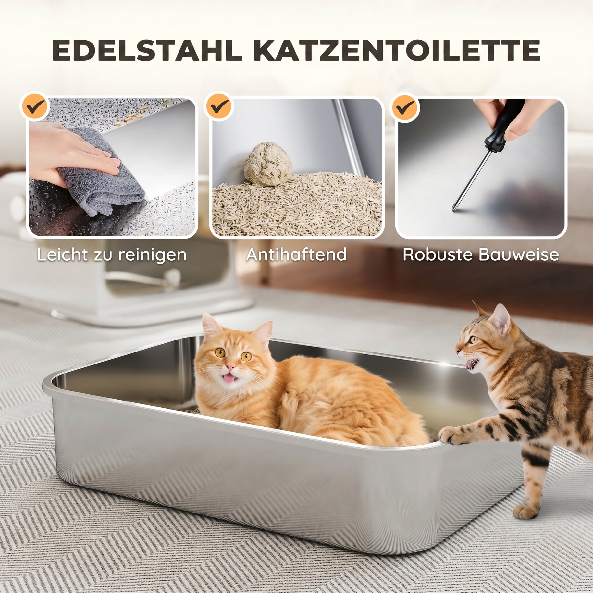 Katzenklo Edelstahl mit Deckel XXL 72L für große Katzen und Mehrere Katzen mit Doppeltüren Schaufel Pedal Anti-Leck