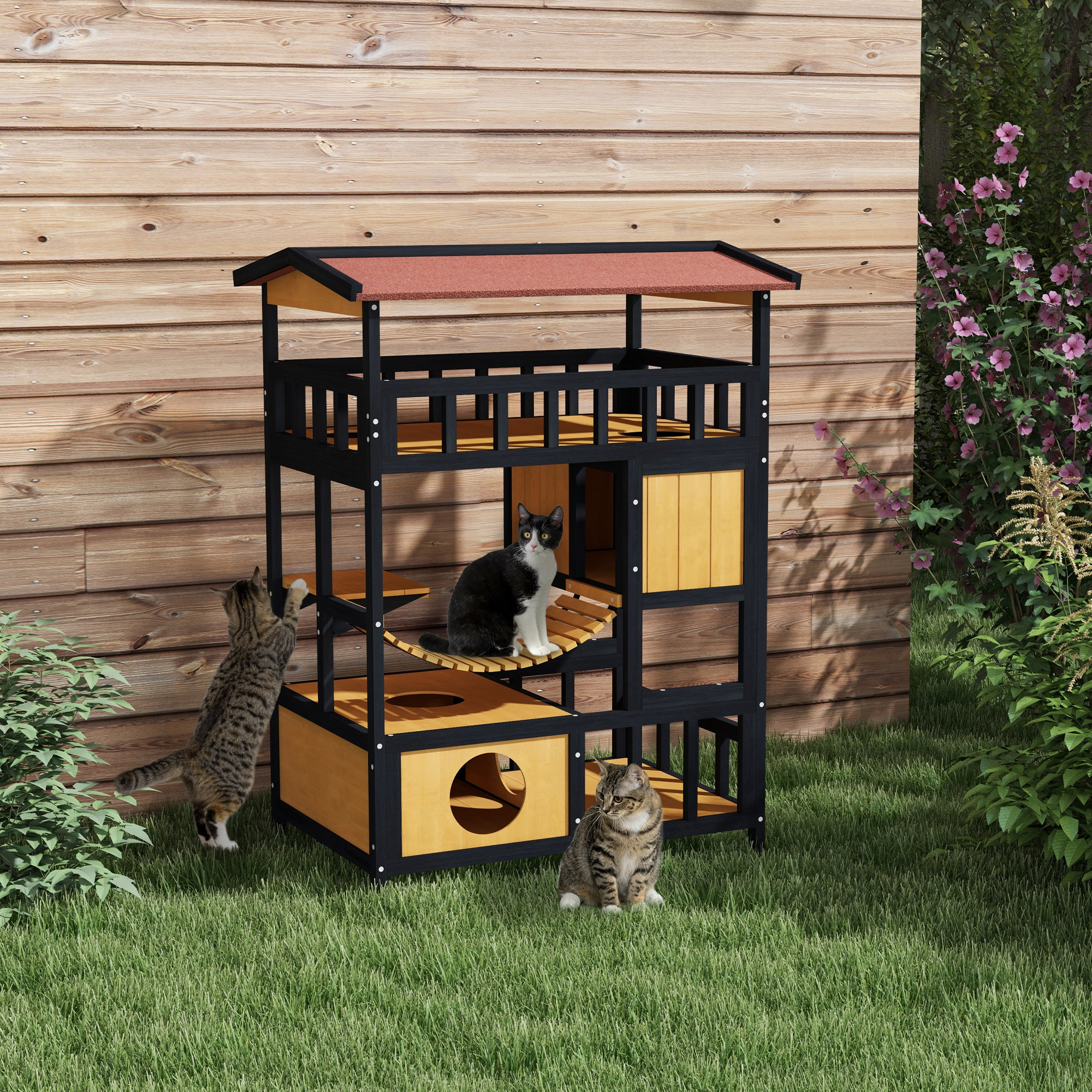 Katzenhaus, Katzenparadies mit Plattformen, Hängebrücke und Katzenhöhlen, für bis zu 2 Katzen geeignet, Holz