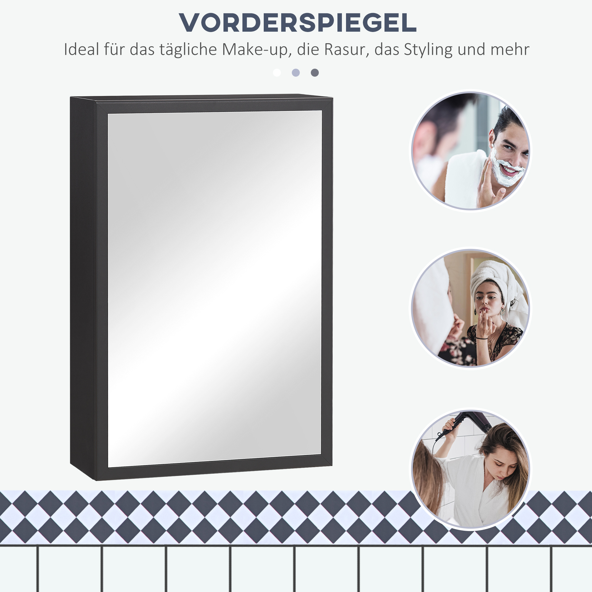 Spiegelschrank, 3 Regalfächer, weiche Scharniere, Stahlgehäuse, schwarz, 40 x 15 x 60 cm