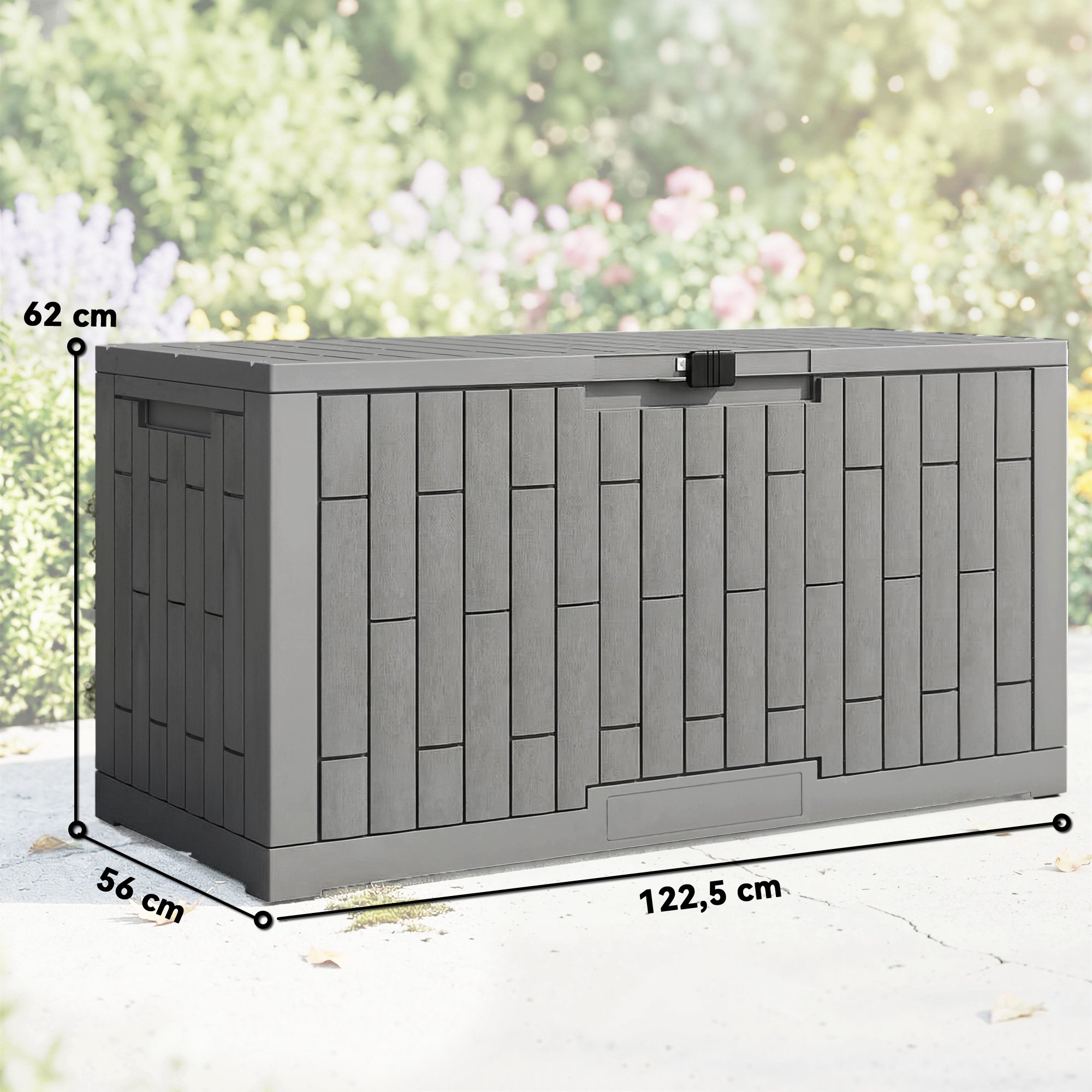 Gartenbox 379 Liter Wasserdicht Abschließbar UV-beständig Auflagenbox mit Holzoptik für Garten 122,5x56x62cm Grau