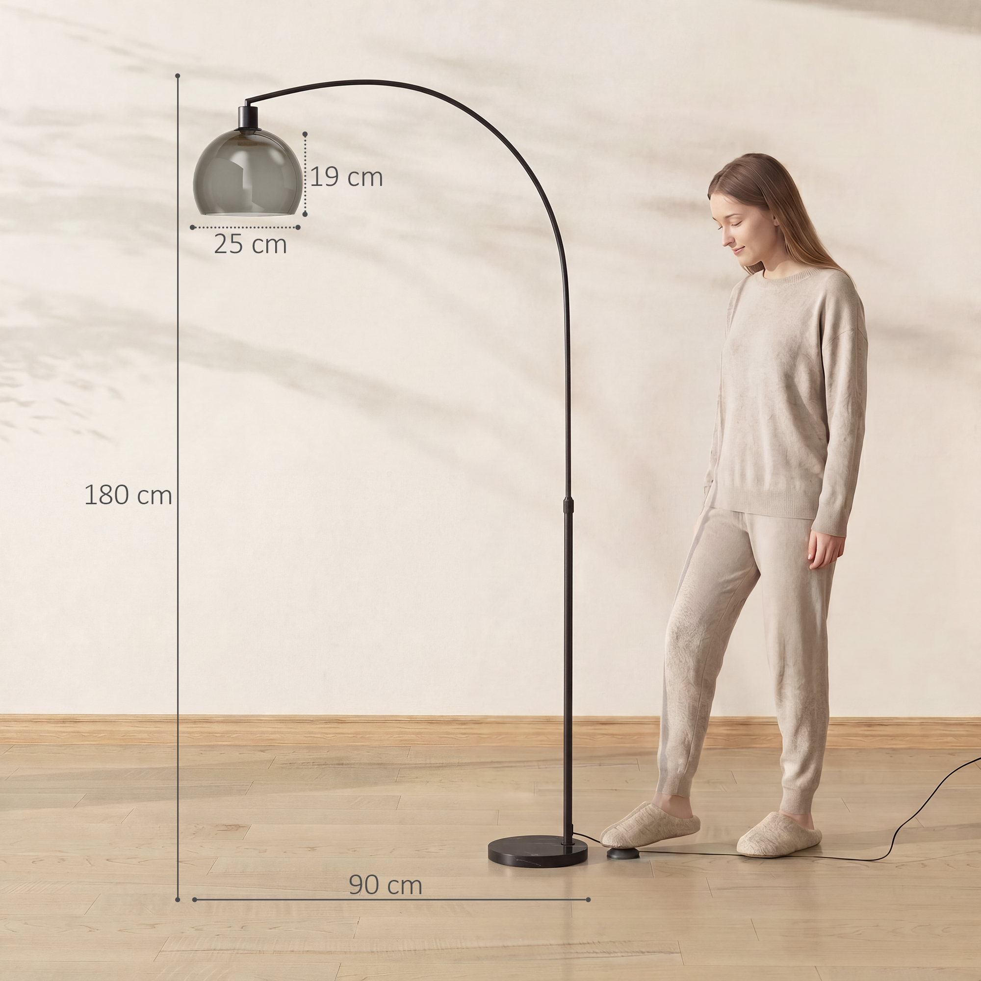 Stehlampe, gebogener Kopf, Fußschalter, Marmorsockel, Kunststoffschirm, Grau