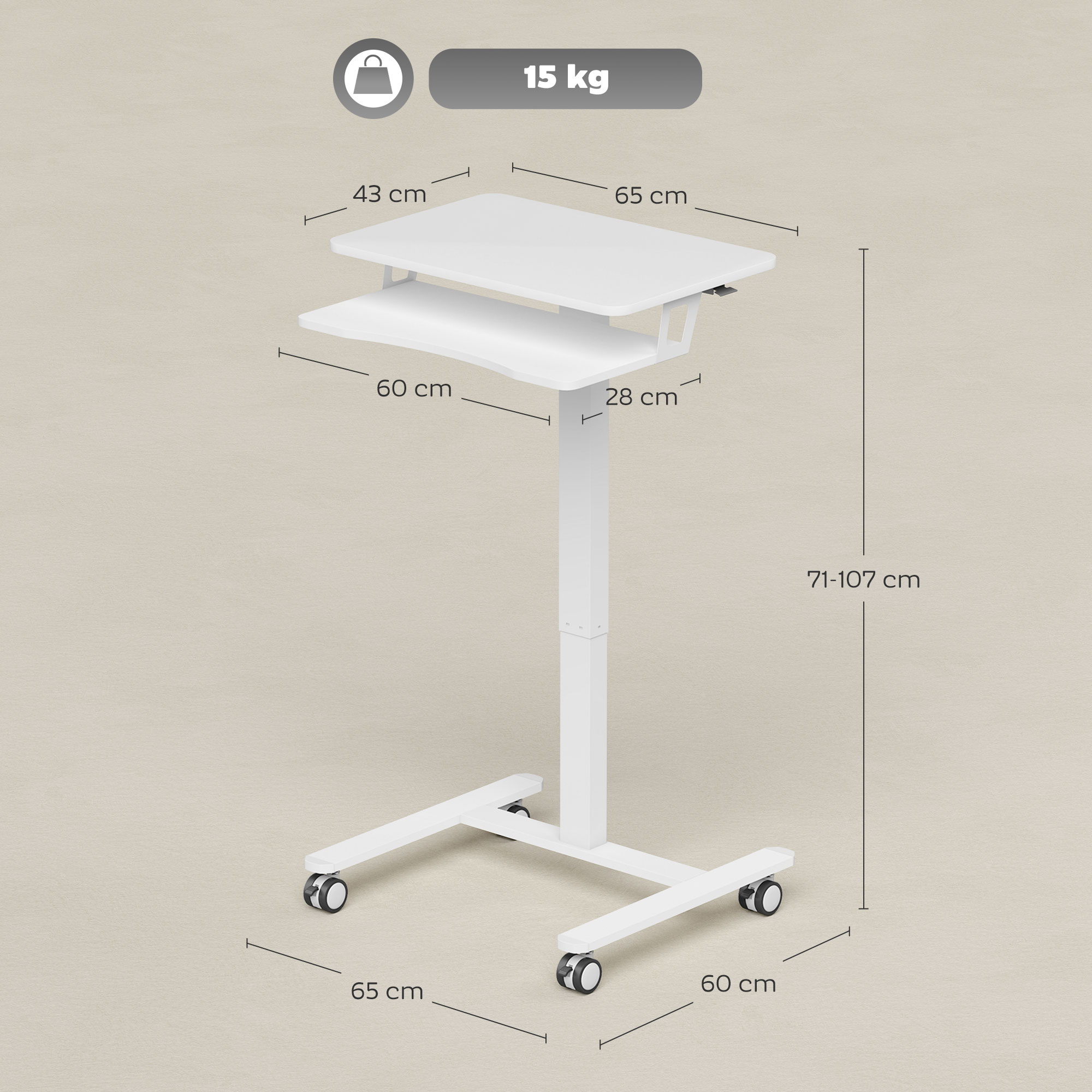 Höhenverstellbarer Stehschreibtisch, Rollbarer Sit-Stand-Schreibtisch mit Tastaturablage, Rollen und Stahlrahmen, Weiß