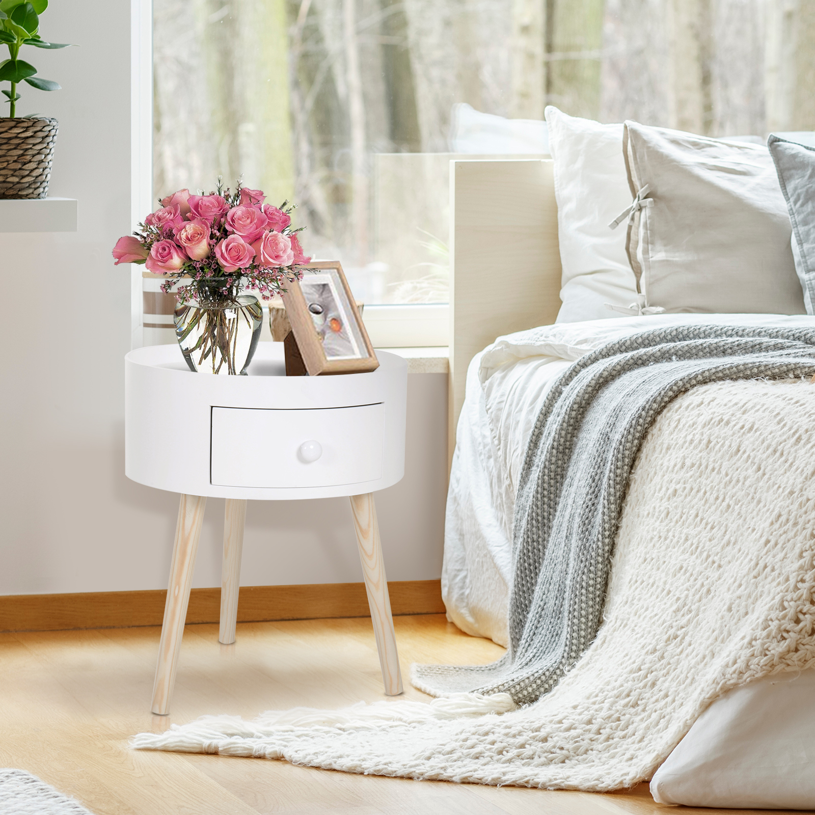 Couchtisch mit Schublade, rund, Skandi-Design, Schutzrand, Holz, Ø38 x H45 cm, Weiß