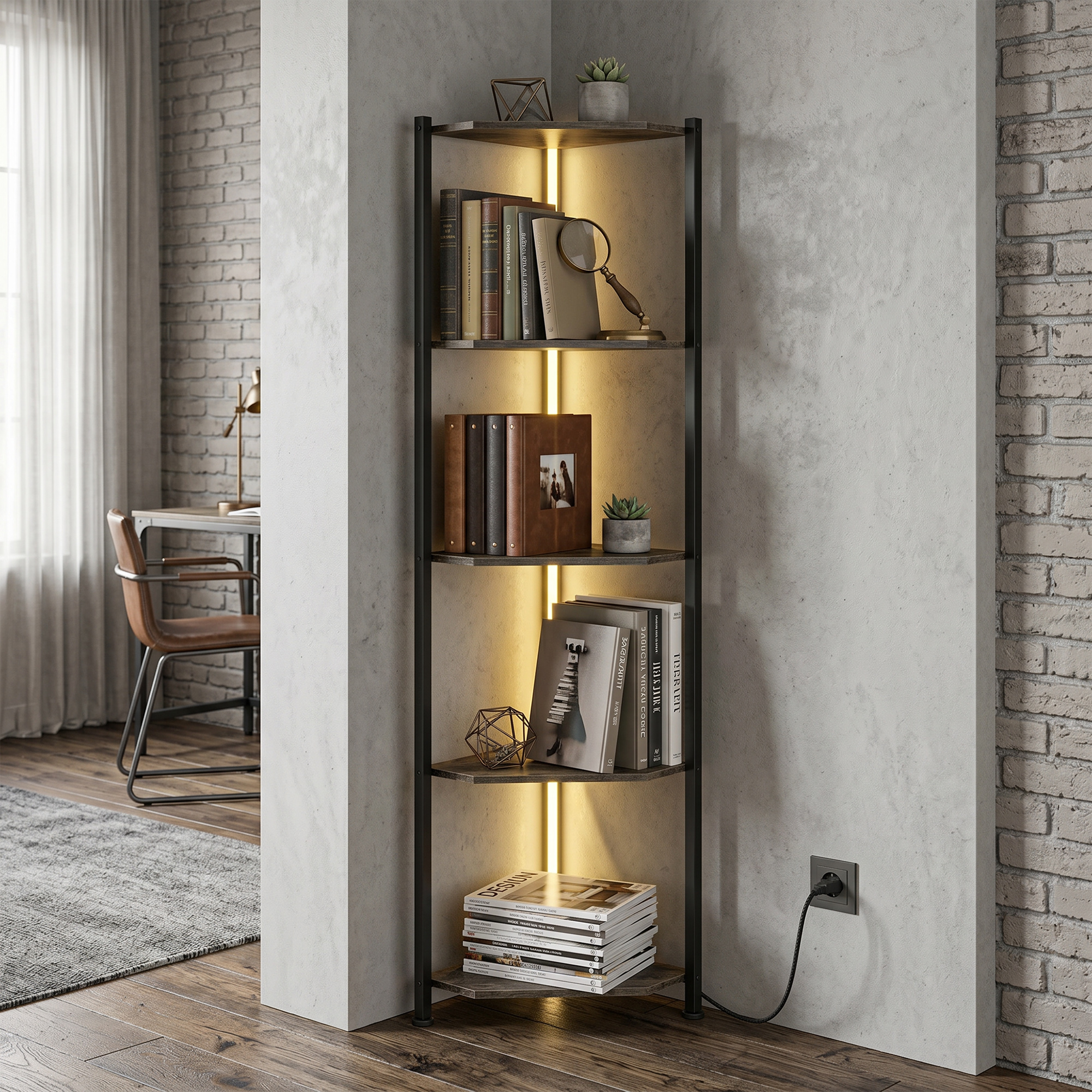 Bücherregal 5-stöckiges Eckregal mit LED-Beleuchtung für Wohnzimmer, Schlafzimmer, Büro, Rustikal Braun