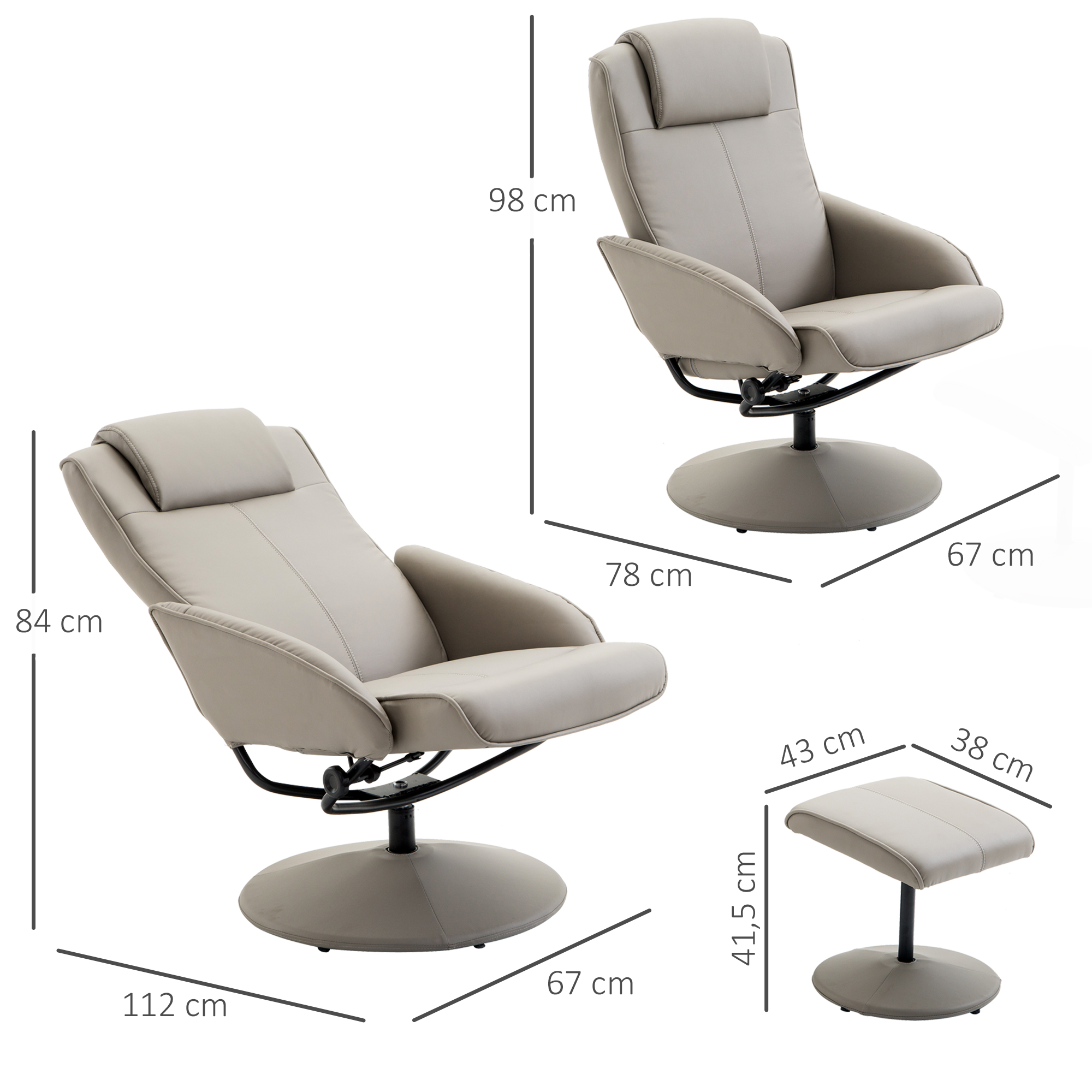 Relaxsessel mit Hocker, 360°drehbarer Fernsehsessel mit Liegefunktion, TV Sessel, Kunstleder, Lesesessel für Wohnzimmer, Schlafzimmer, Grau