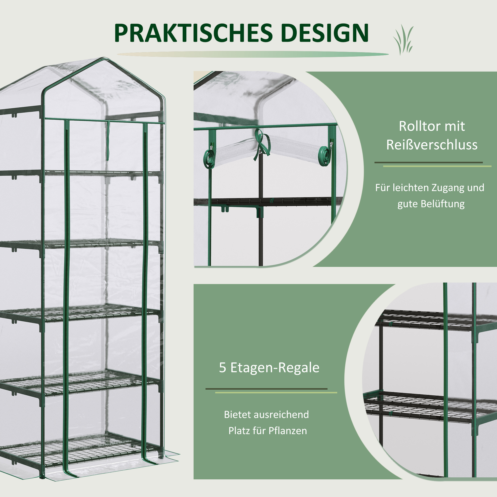 Foliengewächshaus Mini-Gewächshaus mit 5 Regale für Blumen oder Gemüse Aufzucht Treibhaus Transparent+Grün Stahl Kunststoff 69 x 49 x 193 cm