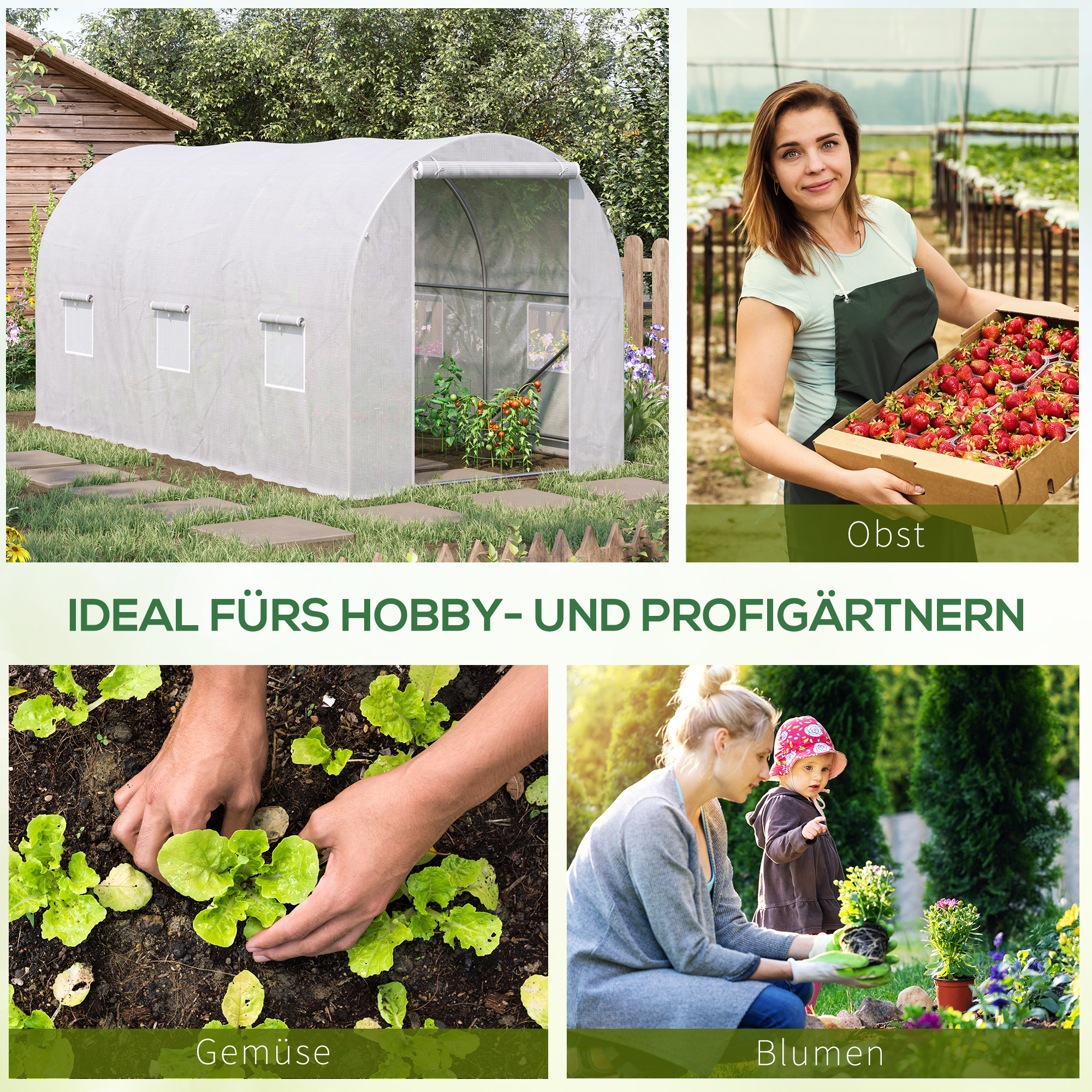 Gewächshaus 350x200x200cm Foliengewächshaus Tomatenhaus mit Tür, Fenster, Folientunnel aus verzinktem Stahl, Pflanztunnel, Treibhaus inkl. Erdanker Seilen, Gartentunnel, Weiß