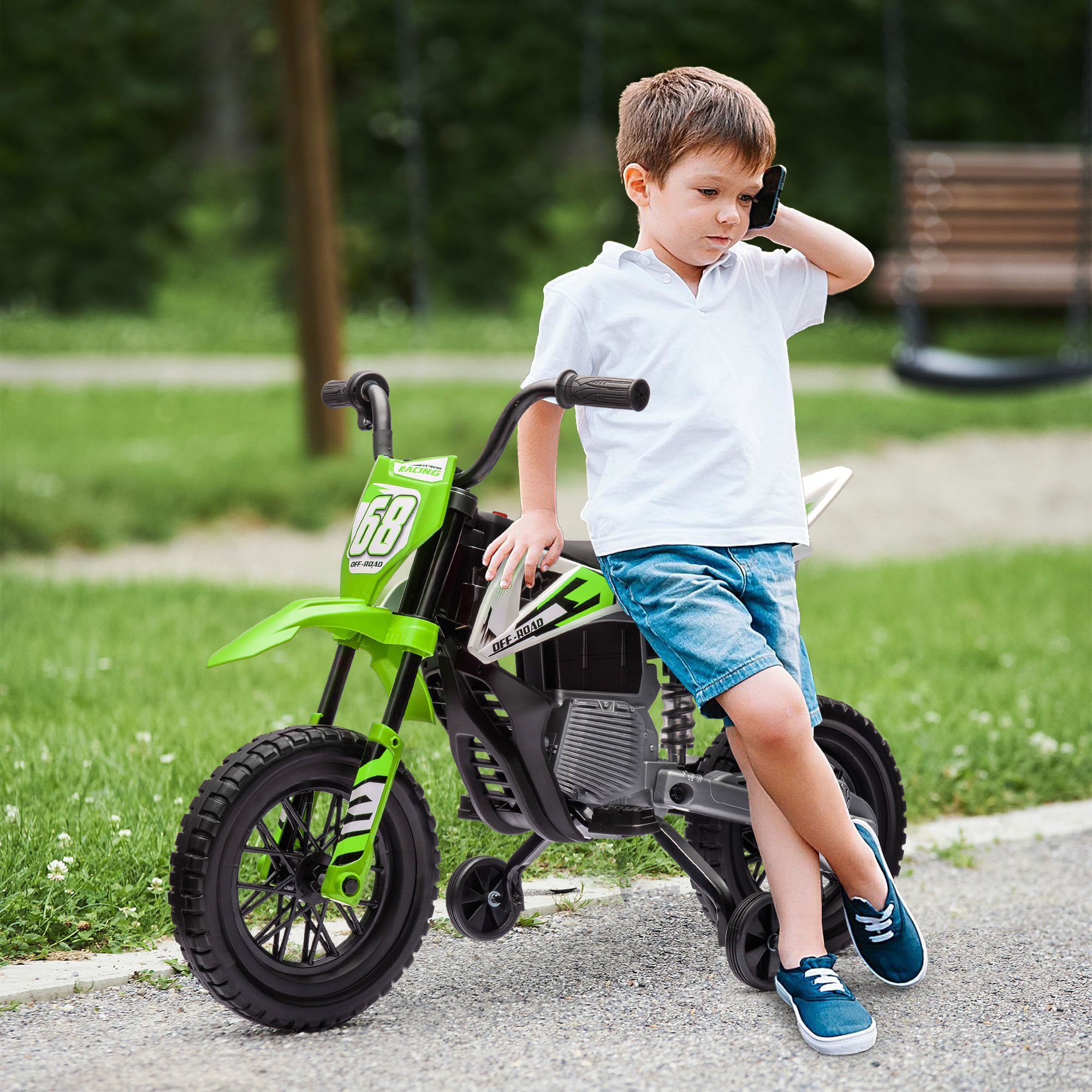 Elektro-Motorrad für Kinder, 12V Kindermotorrad mit Musik, Kinderfahrzeug mit Trainingsrädern, 3-6 Jahre, Grün